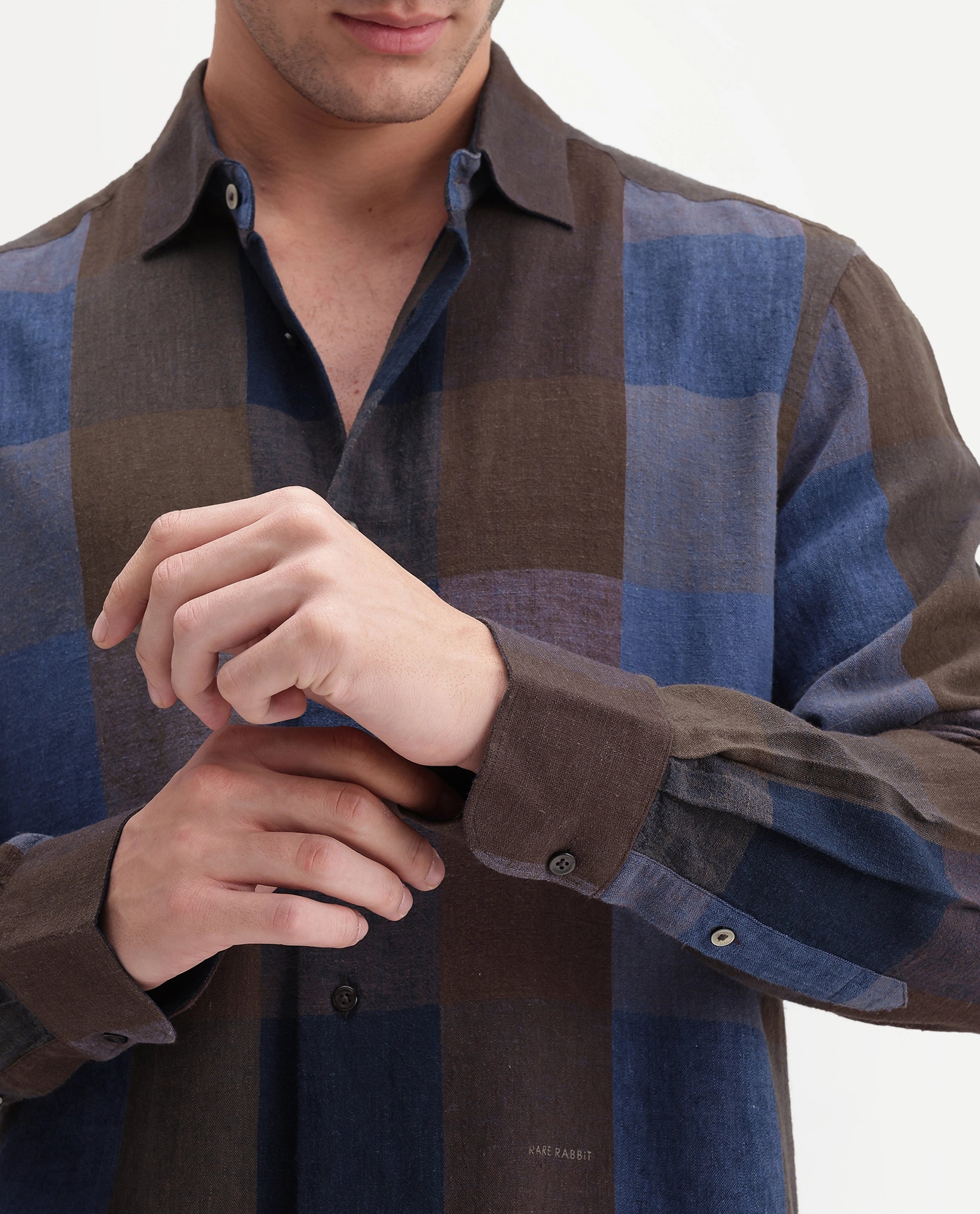 Rare Rabbit Men's Calum-A26 Brown Linen Blend Button Regular Fit Checked Shirt