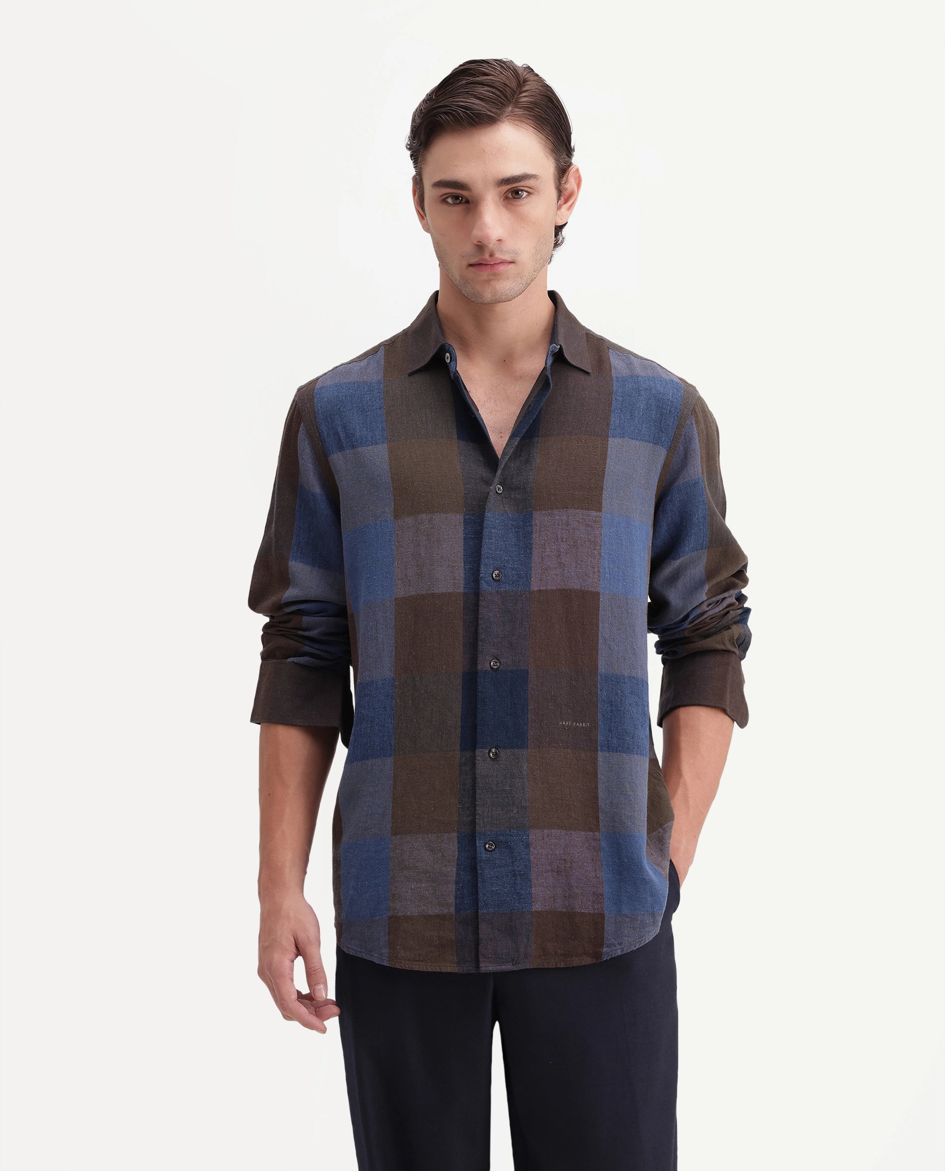 Rare Rabbit Men's Calum-A26 Brown Linen Blend Button Regular Fit Checked Shirt