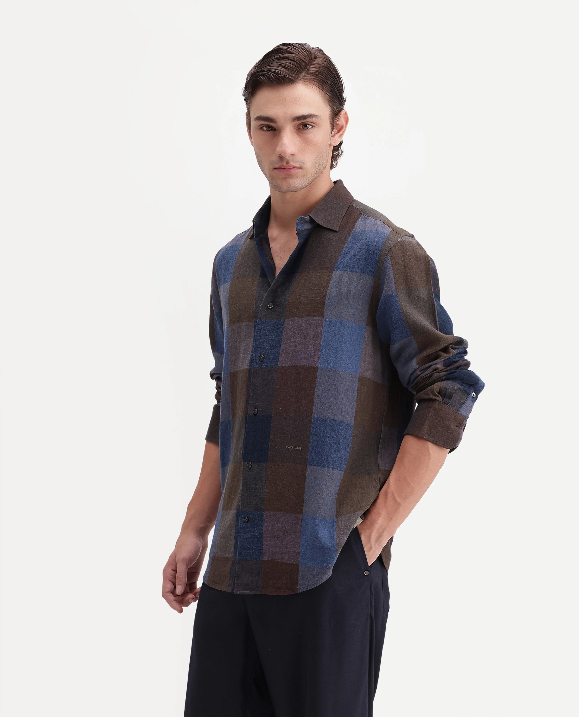 Rare Rabbit Men's Calum-A26 Brown Linen Blend Button Regular Fit Checked Shirt