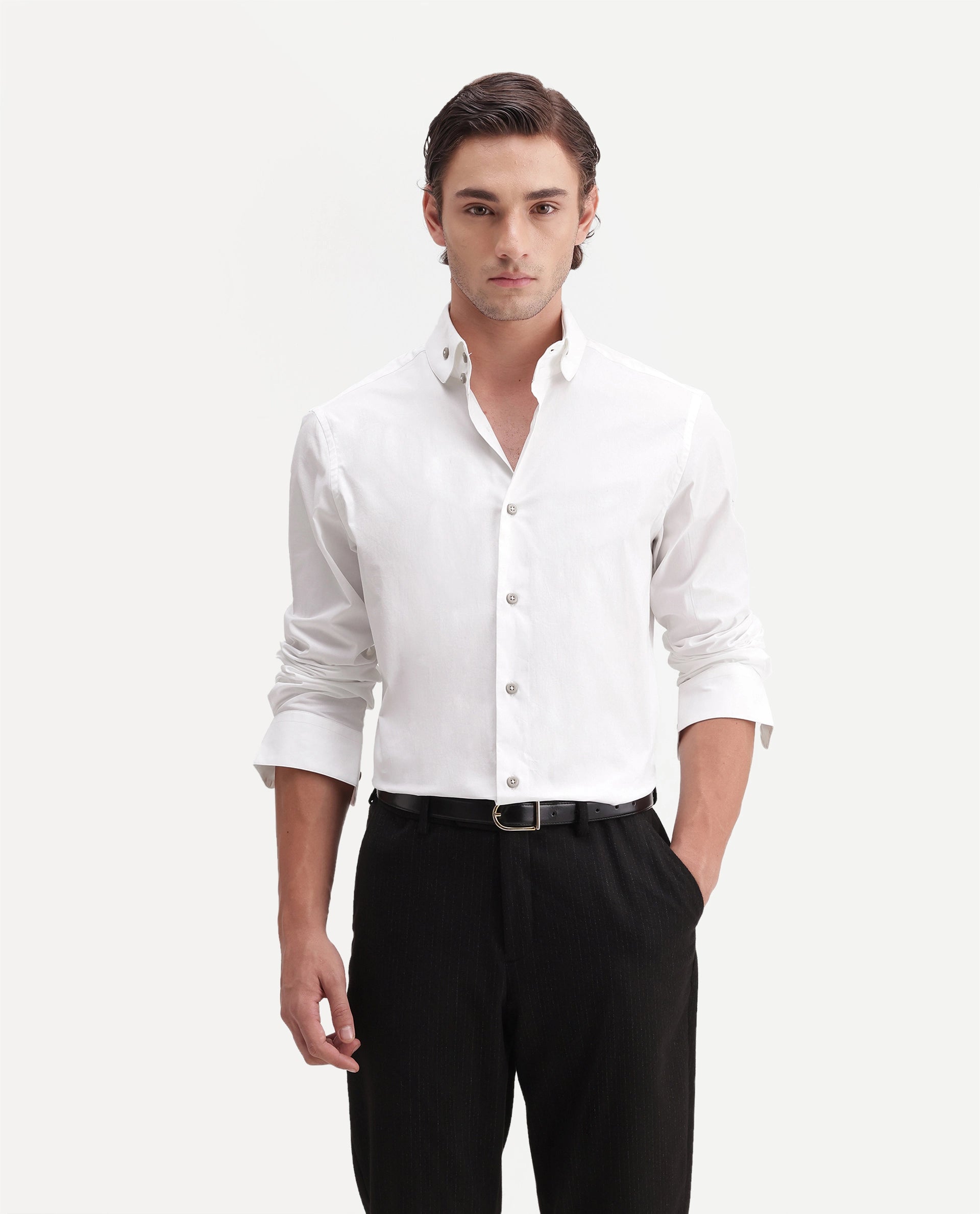 Rare Rabbit Men's Abit White Cotton Blend Button Regular Fit Plain Shirt