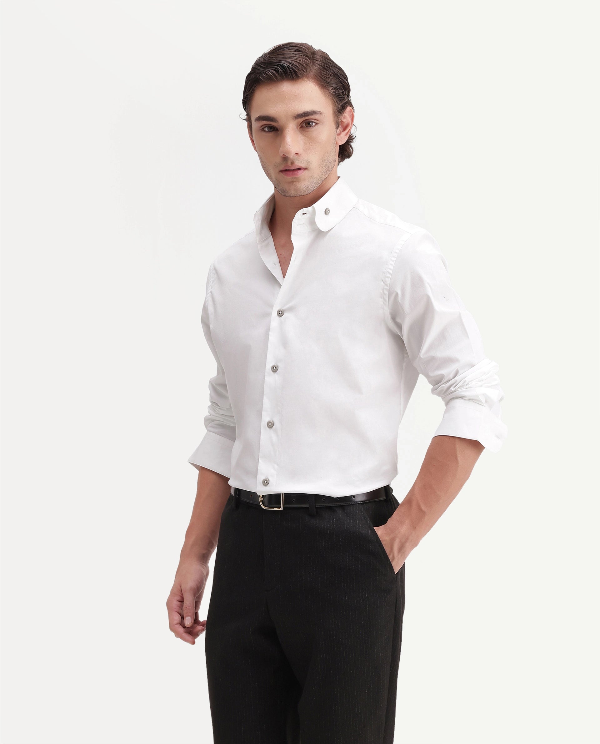 Rare Rabbit Men's Abit White Cotton Blend Button Regular Fit Plain Shirt