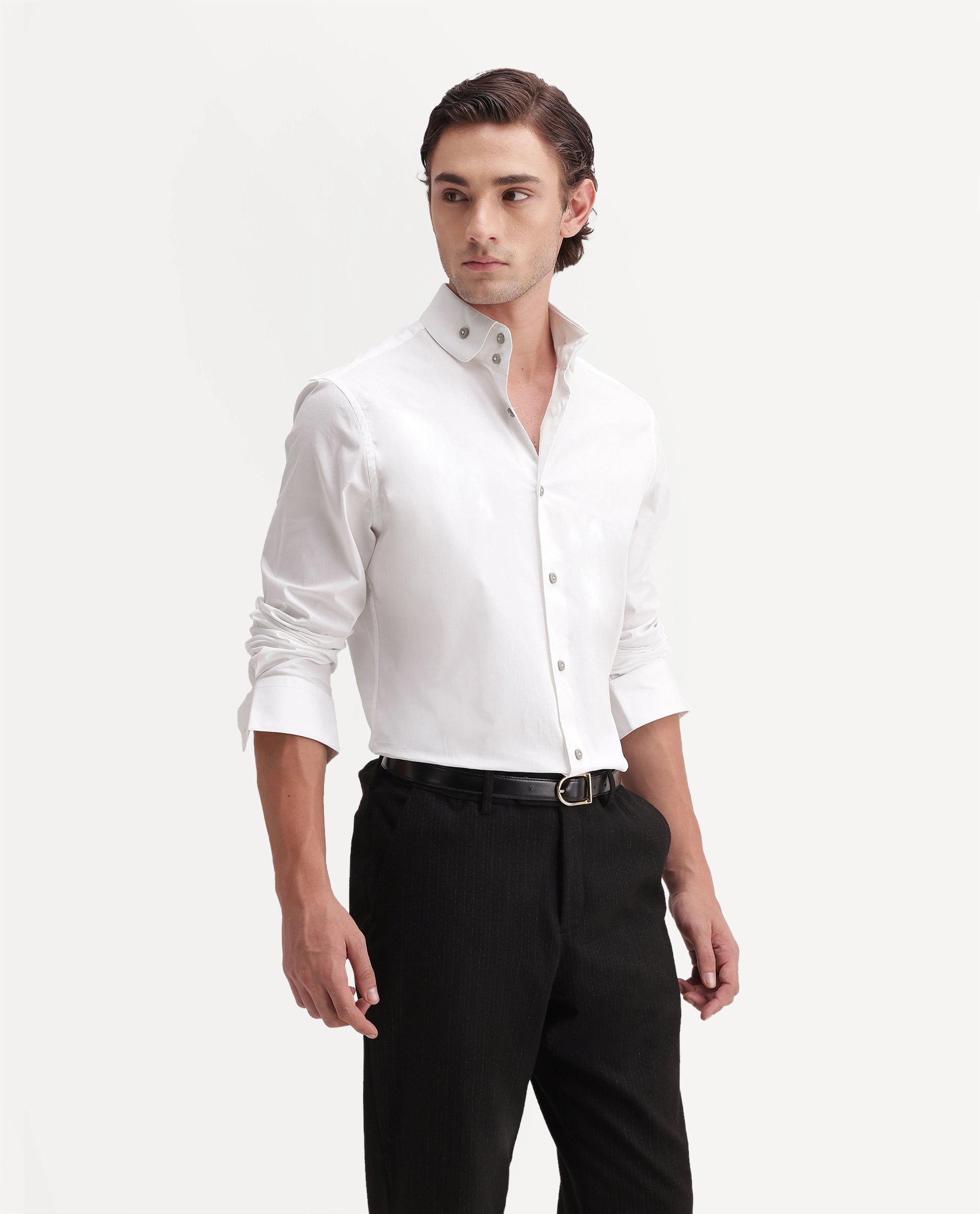 Rare Rabbit Men's Abit White Cotton Blend Button Regular Fit Plain Shirt