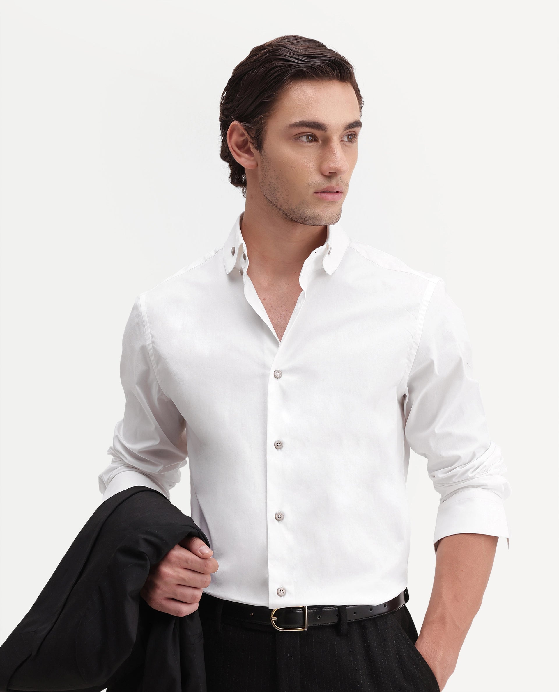 Rare Rabbit Men's Abit White Cotton Blend Button Regular Fit Plain Shirt