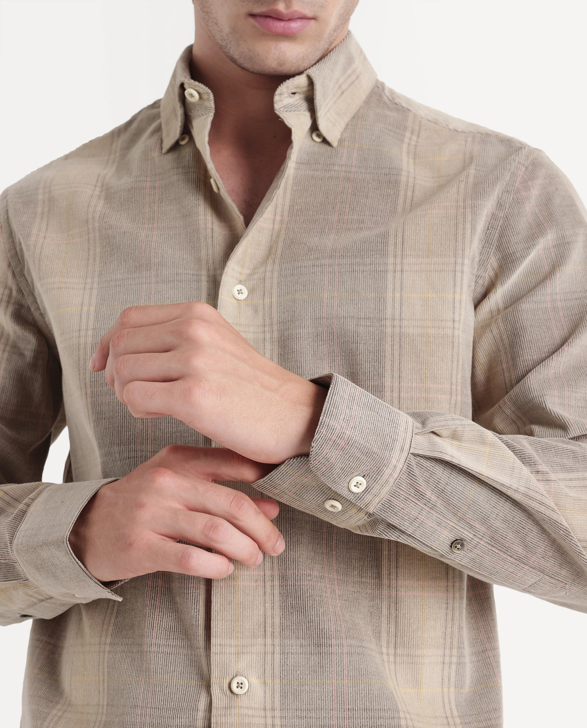 Rare Rabbit Men's Ezra Beige Cotton Button Regular Fit Checked Shirt