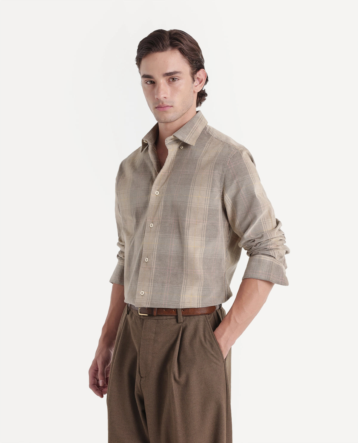 Rare Rabbit Men's Ezra Beige Cotton Button Regular Fit Checked Shirt