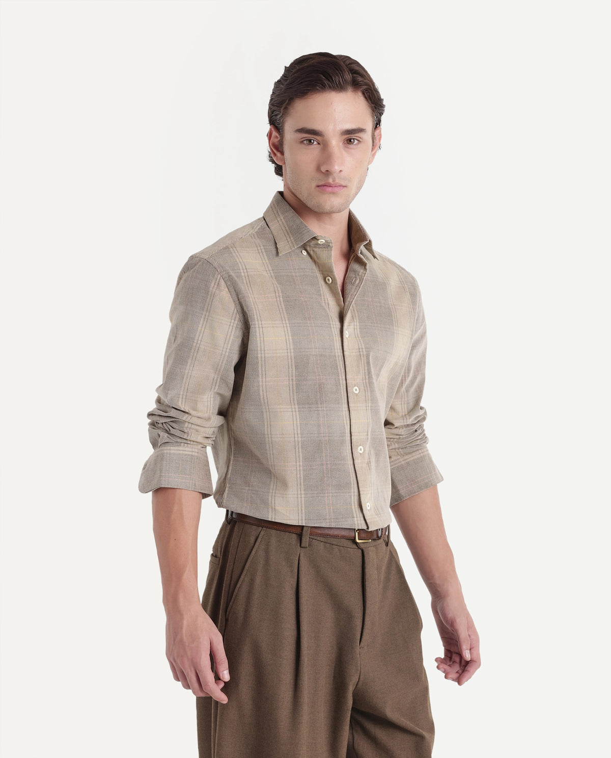 Rare Rabbit Men's Ezra Beige Cotton Button Regular Fit Checked Shirt
