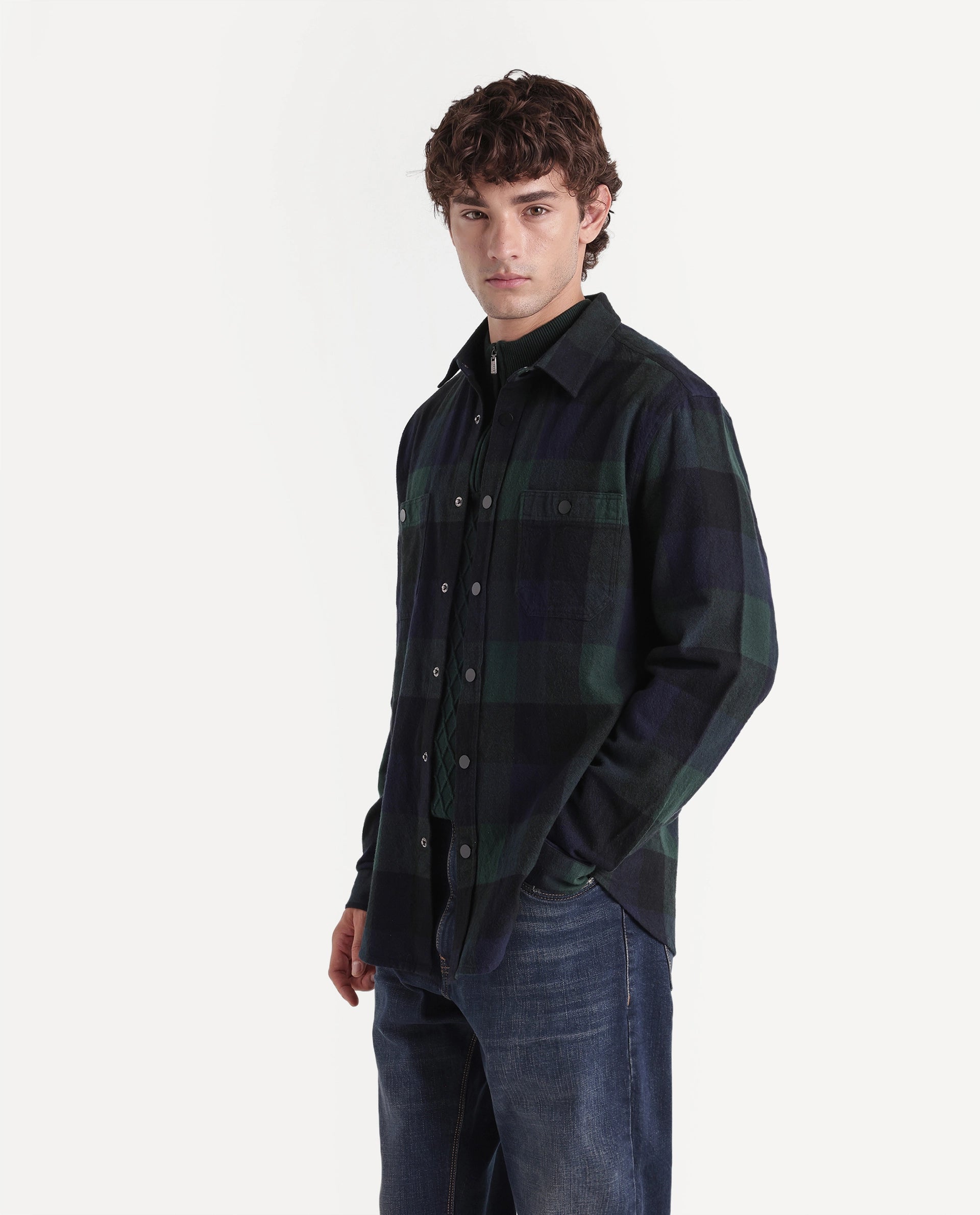 Rare Rabbit Men's Asdo Green Cotton Snap Button Regular Fit Checked Shirt