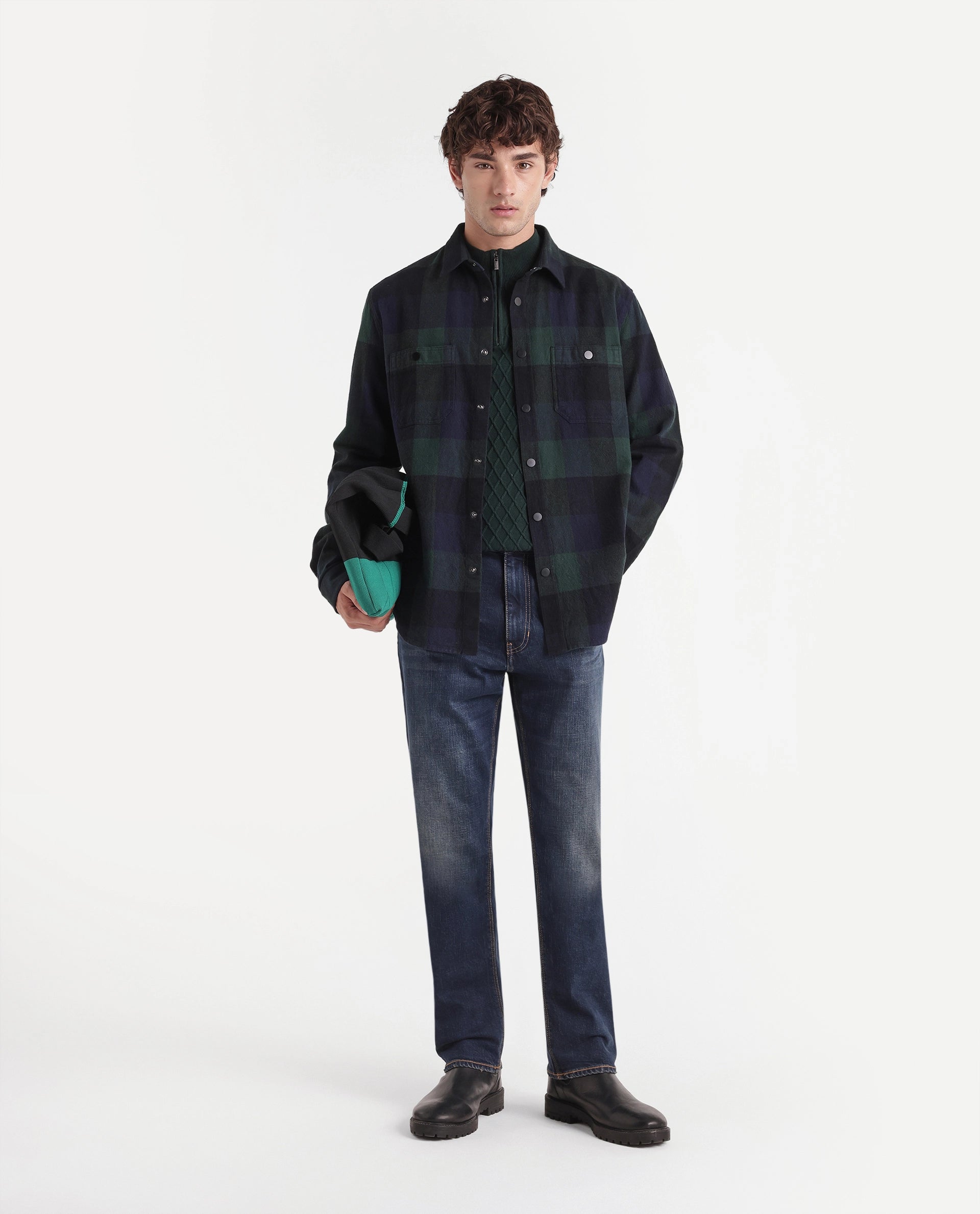 Rare Rabbit Men's Asdo Green Cotton Snap Button Regular Fit Checked Shirt
