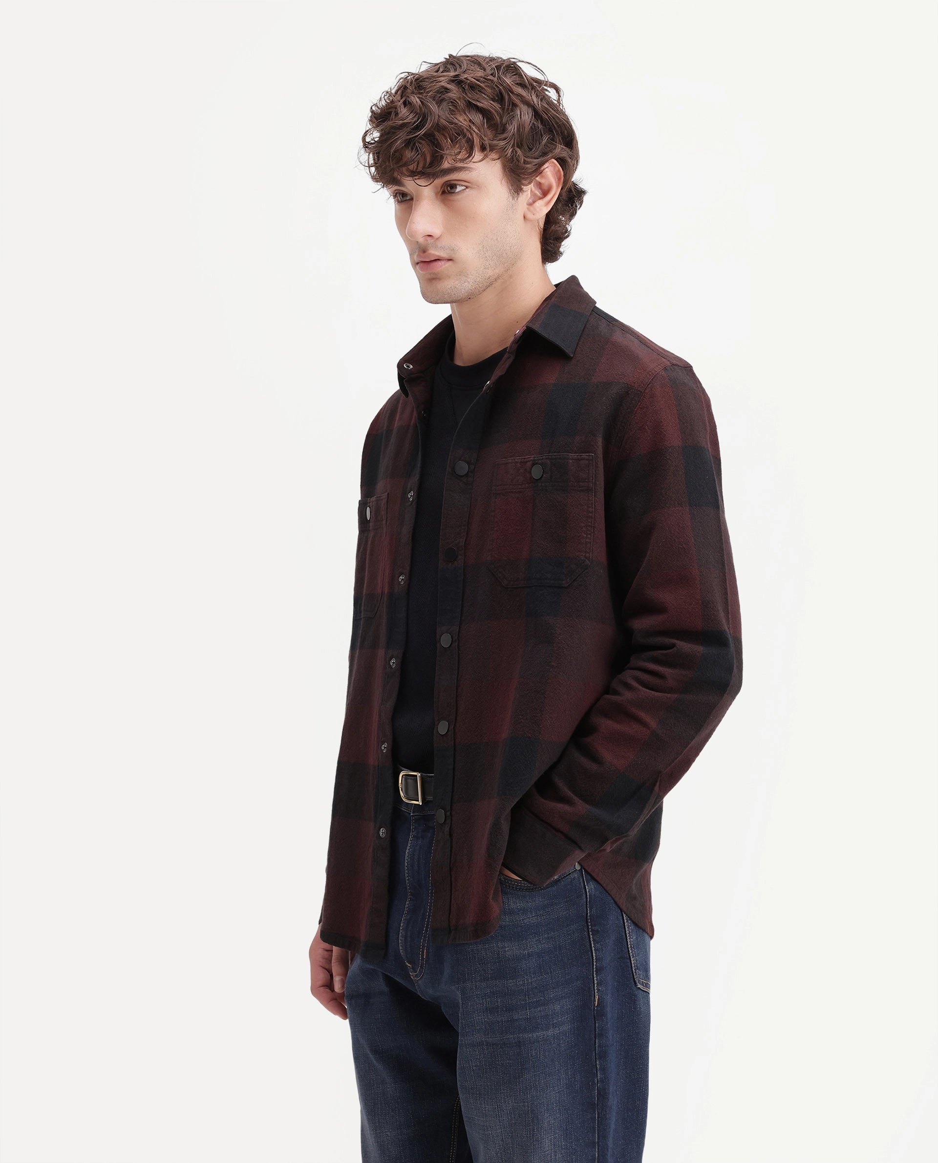 Rare Rabbit Men's Asdo Red Cotton Snap Button Regular Fit Checked Shirt