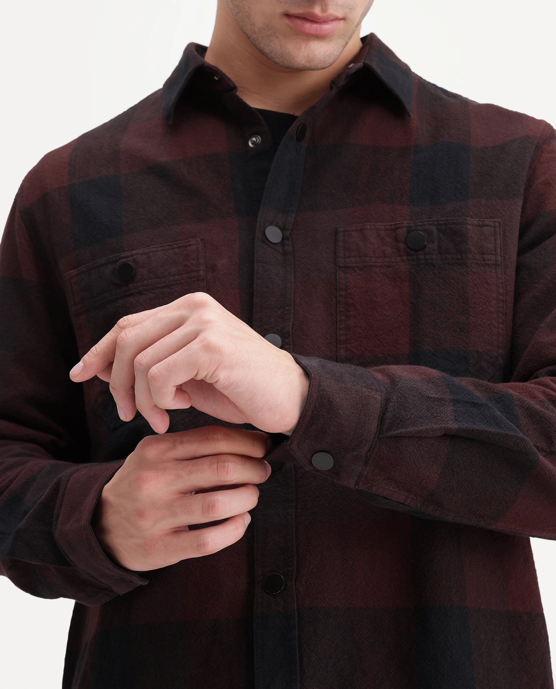 Rare Rabbit Men's Asdo Red Cotton Snap Button Regular Fit Checked Shirt