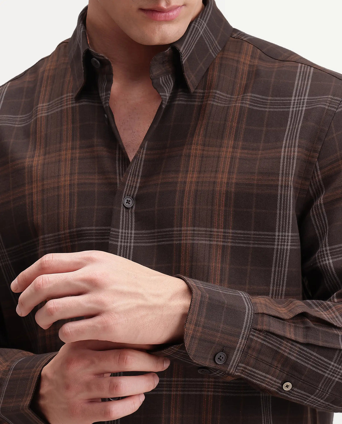 Rare Rabbit Men's Tork Brown Cotton Button Regular Fit Checked Shacket
