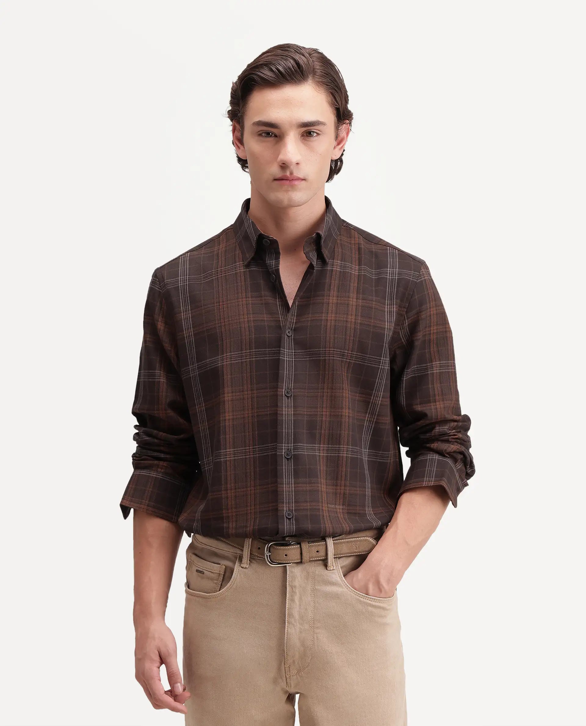 Rare Rabbit Men's Tork Brown Cotton Button Regular Fit Checked Shacket
