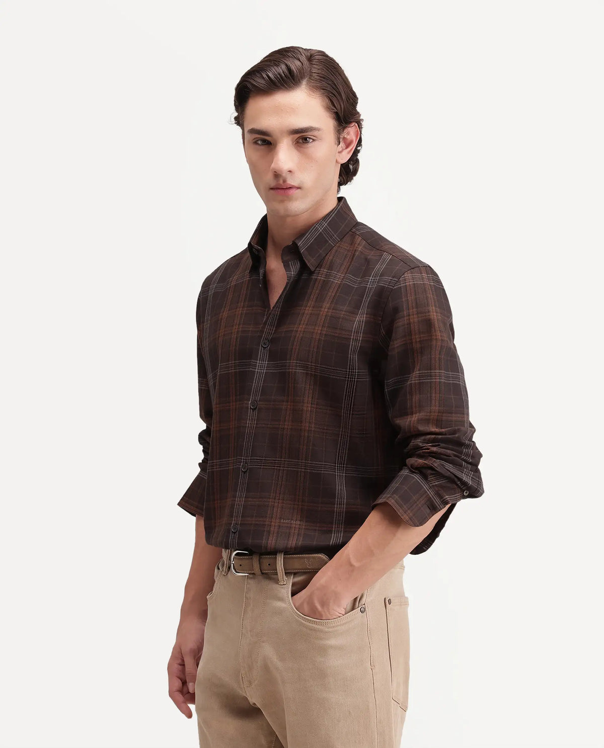 Rare Rabbit Men's Tork Brown Cotton Button Regular Fit Checked Shacket