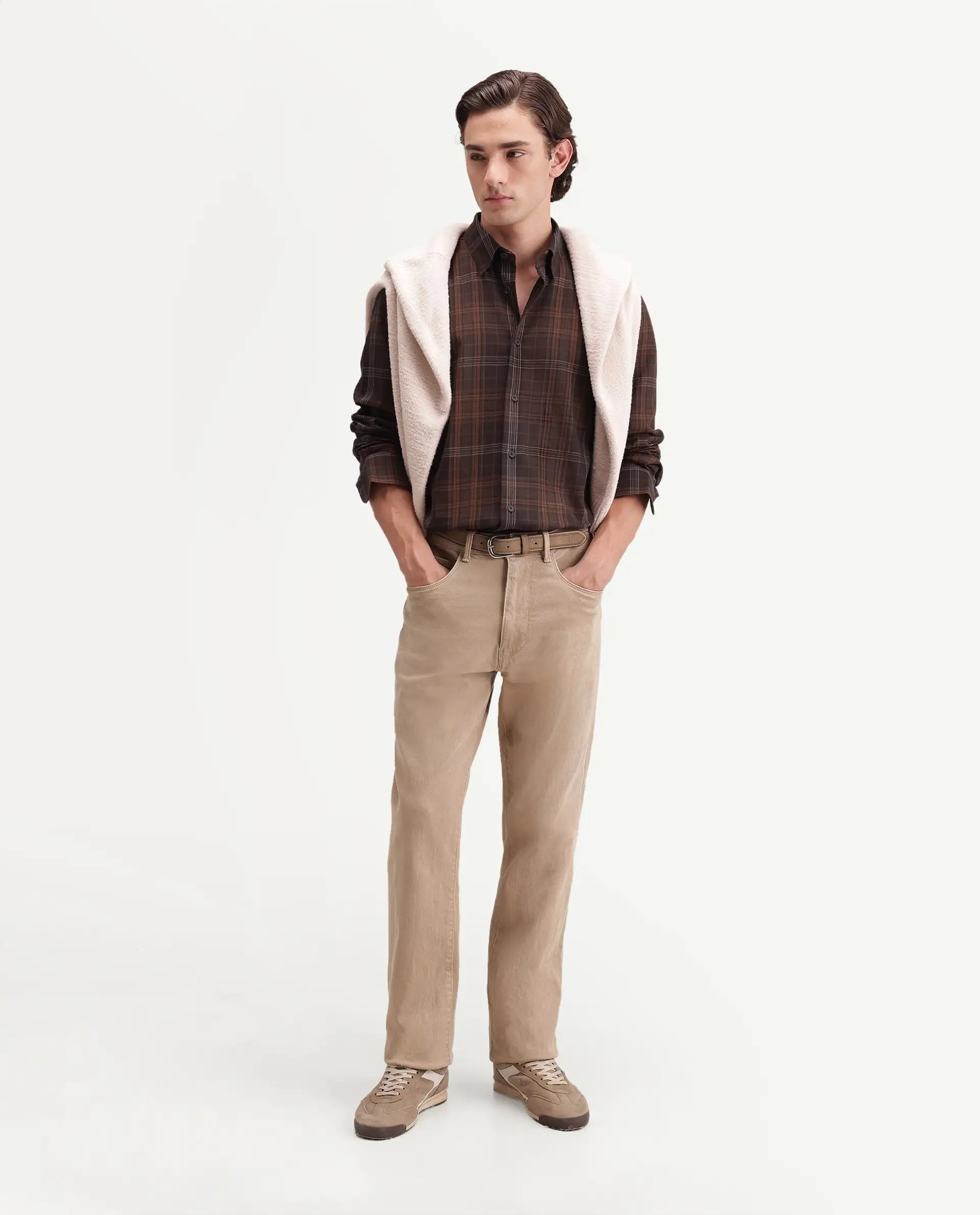 Rare Rabbit Men's Tork Brown Cotton Button Regular Fit Checked Shacket