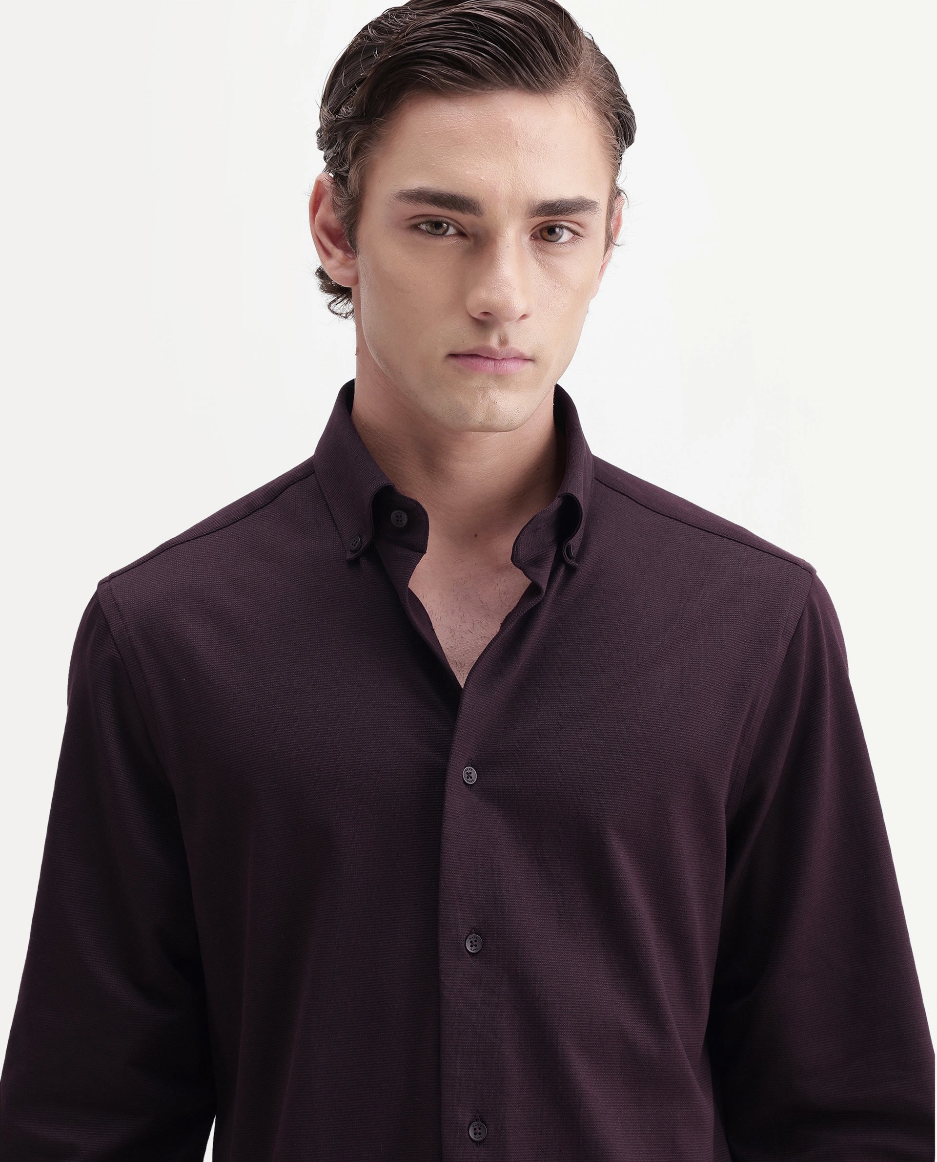 Rare Rabbit Men's Jess Brown Polyester Blend Button Regular Fit Plain Shirt