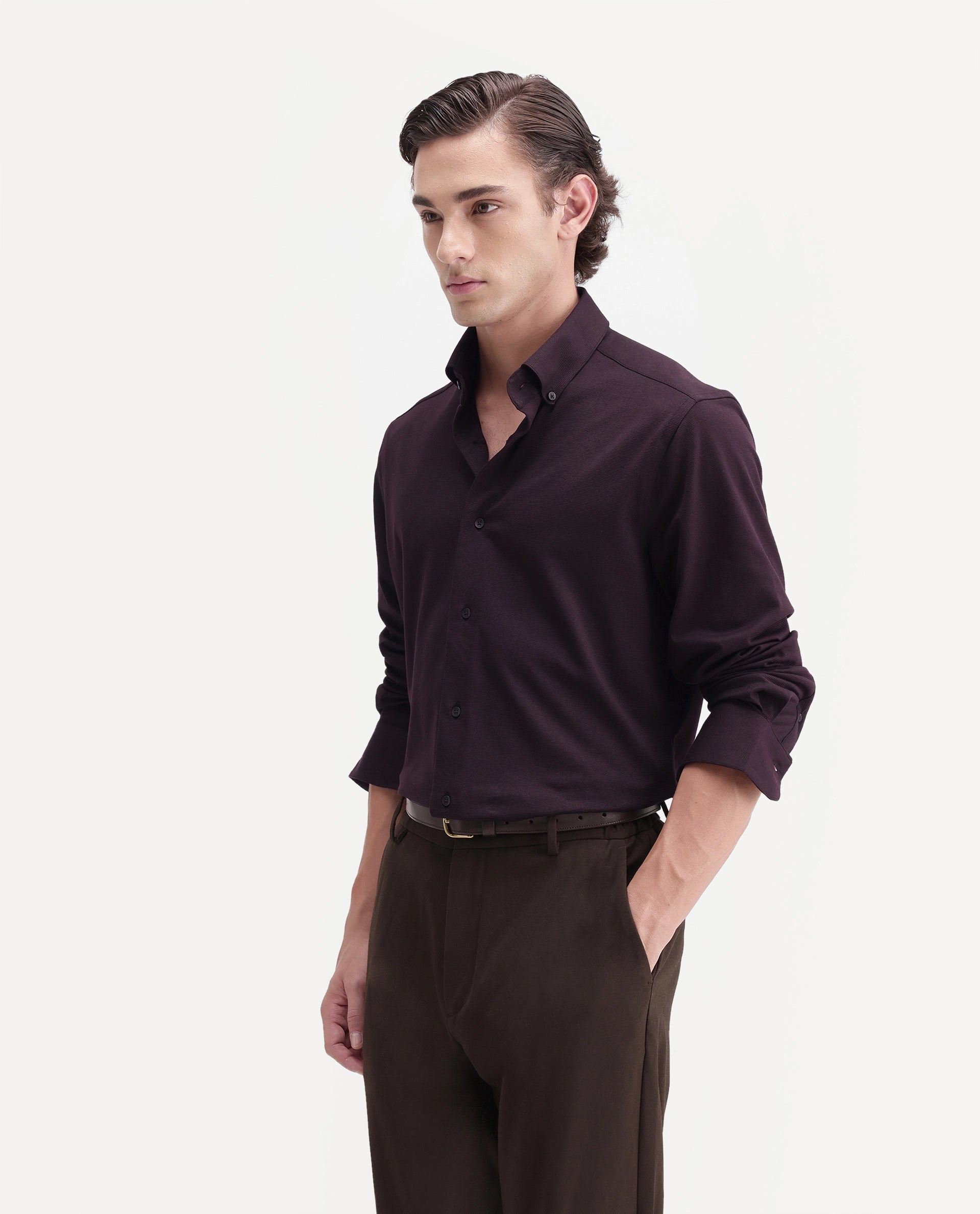Rare Rabbit Men's Jess Brown Polyester Blend Button Regular Fit Plain Shirt