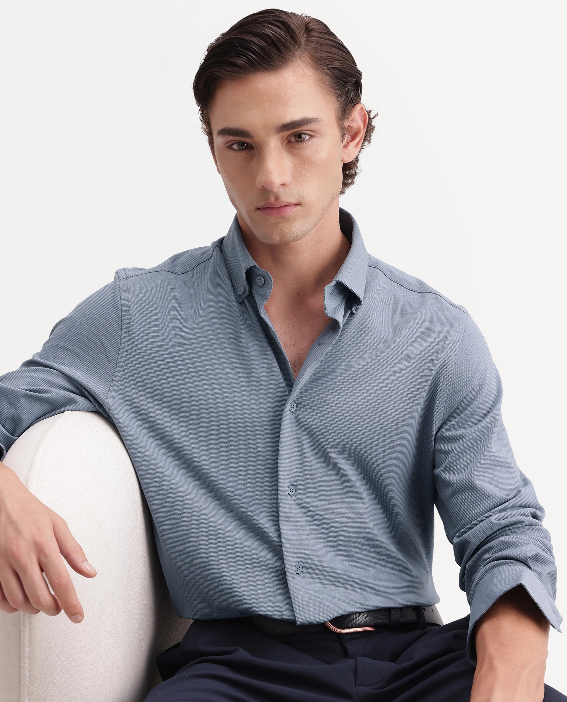 Rare Rabbit Men's Jess Dusky Blue Polyester Blend Button Regular Fit Plain Shirt