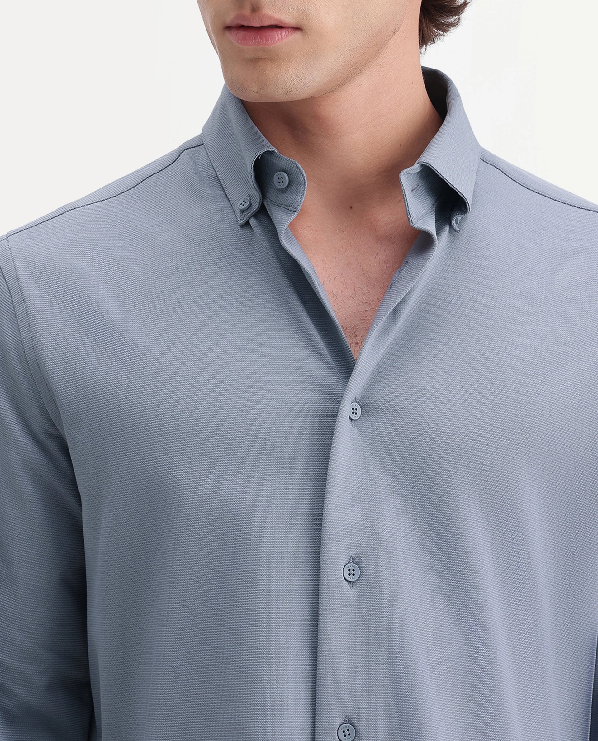 Rare Rabbit Men's Jess Dusky Blue Polyester Blend Button Regular Fit Plain Shirt