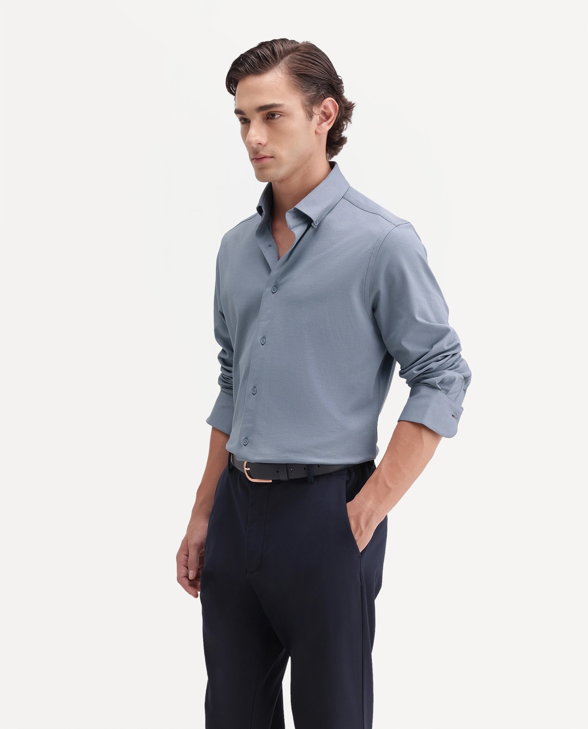 Rare Rabbit Men's Jess Dusky Blue Polyester Blend Button Regular Fit Plain Shirt