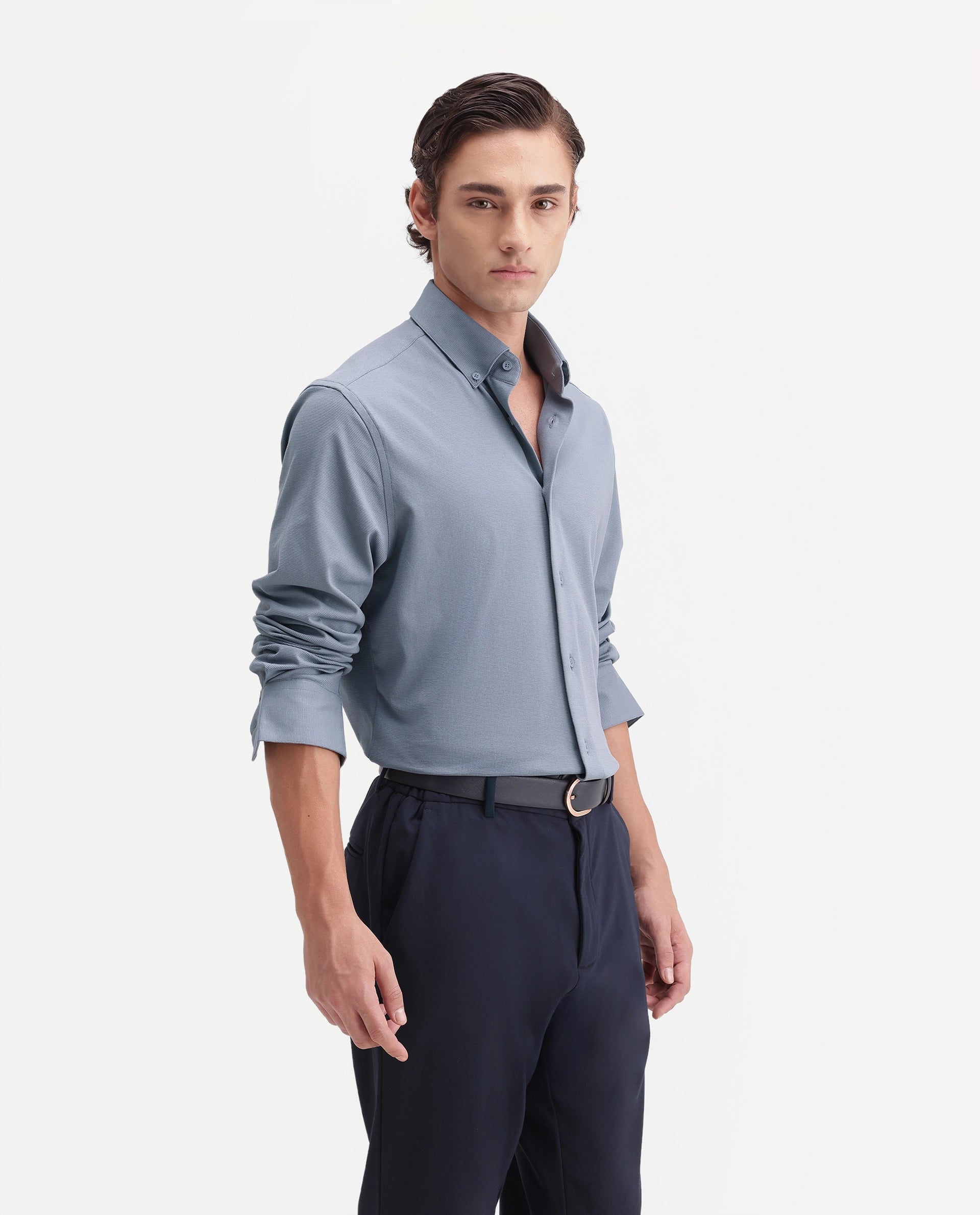 Rare Rabbit Men's Jess Dusky Blue Polyester Blend Button Regular Fit Plain Shirt