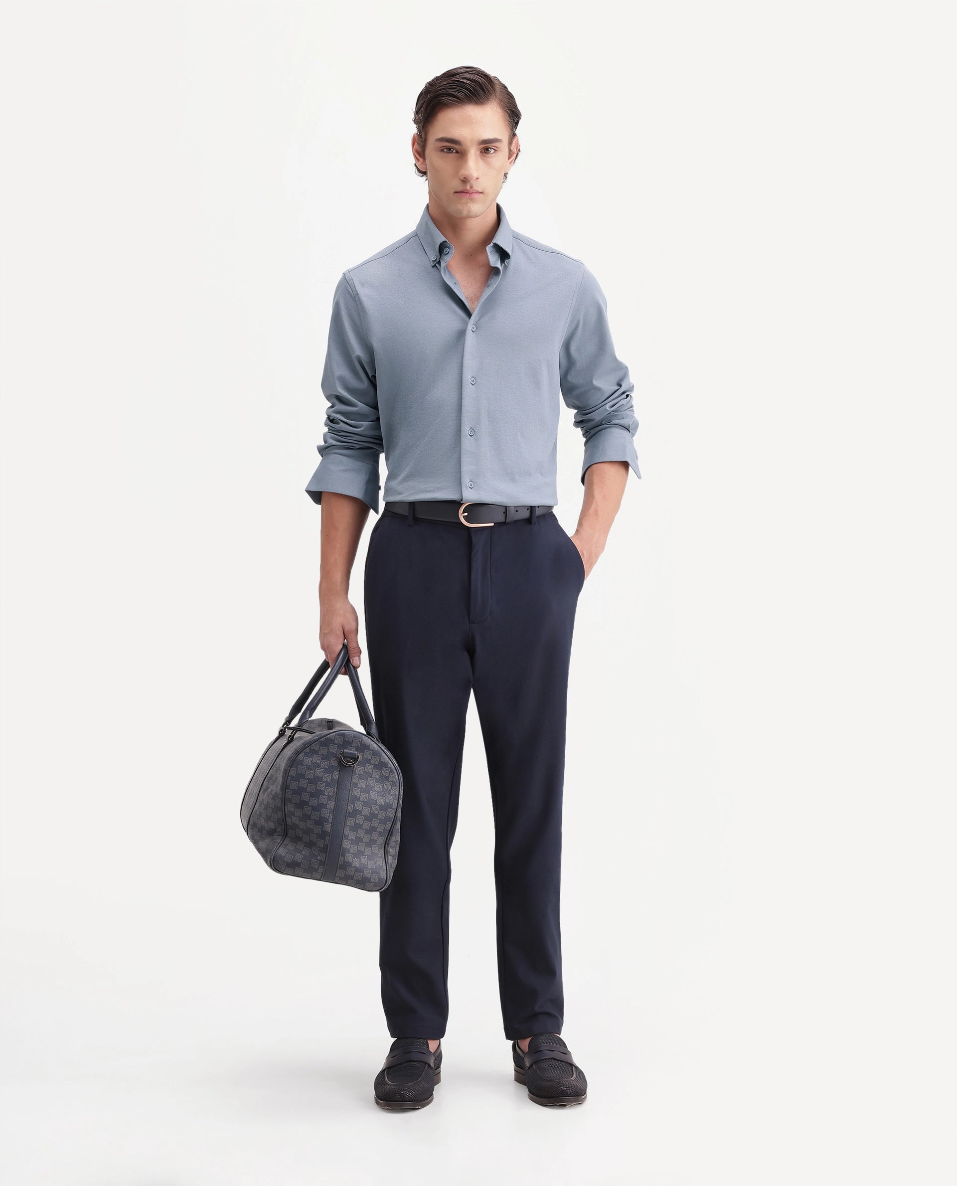 Rare Rabbit Men's Jess Dusky Blue Polyester Blend Button Regular Fit Plain Shirt