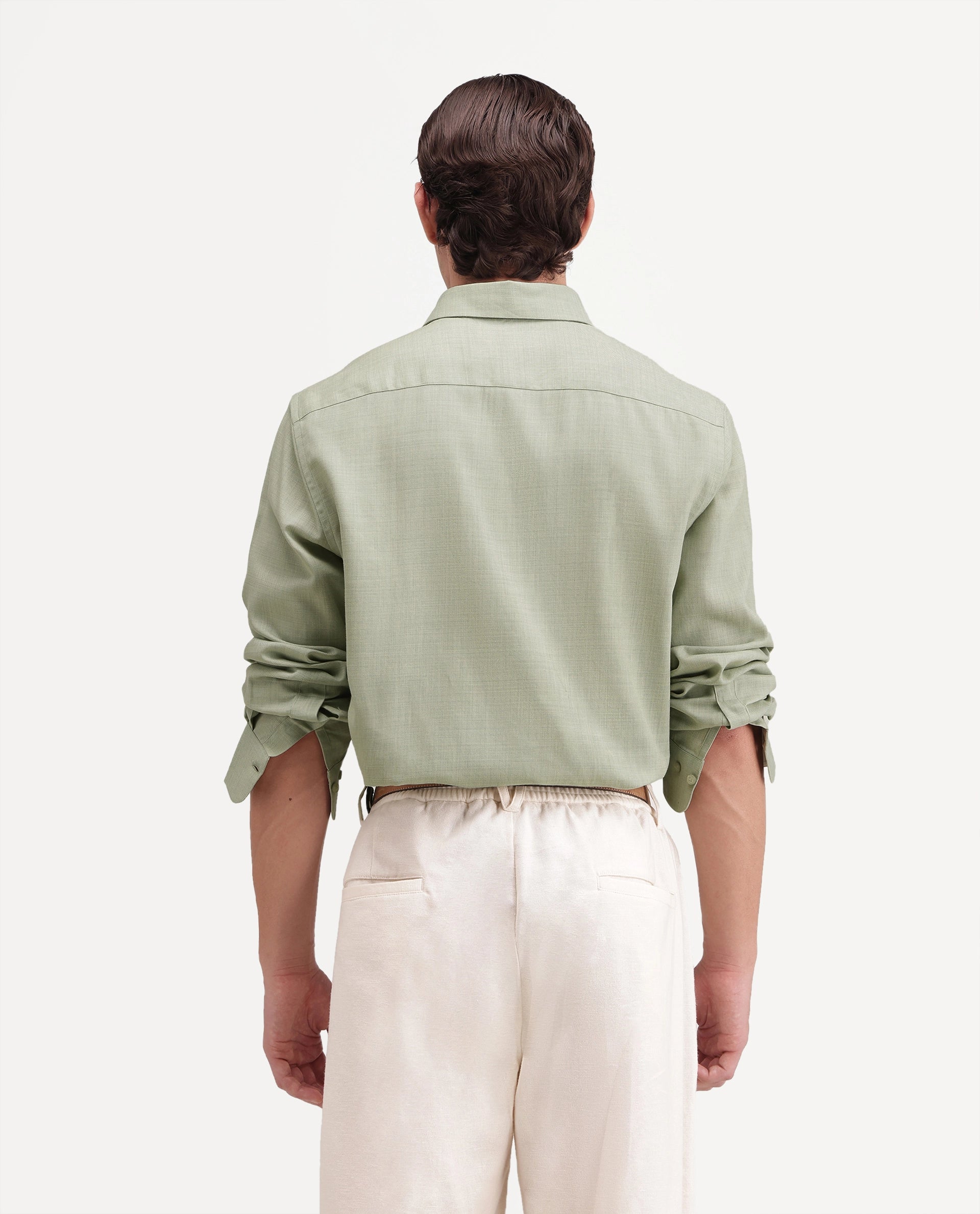 Rare Rabbit Men's Gama Dusky Green Cotton Blend Button Regular Fit Plain Shirt