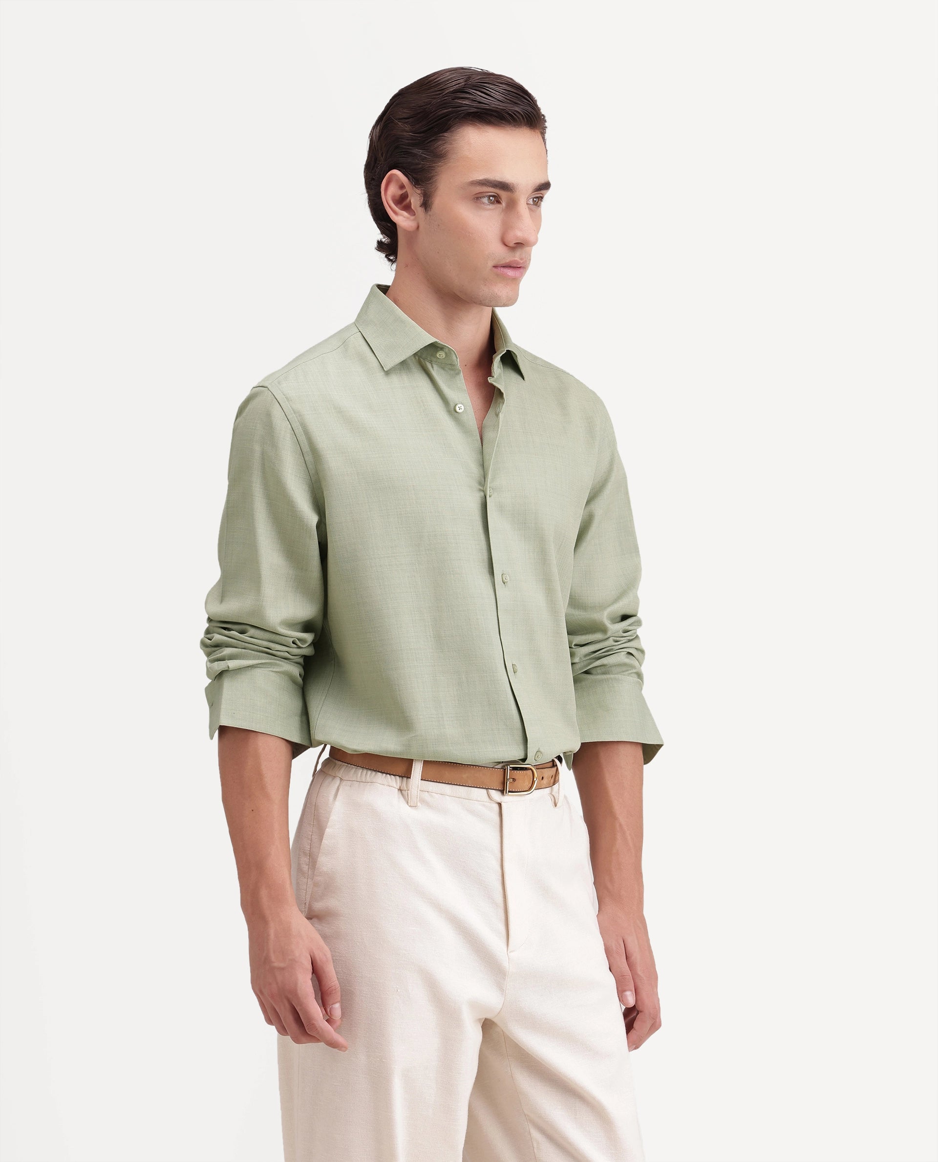 Rare Rabbit Men's Gama Dusky Green Cotton Blend Button Regular Fit Plain Shirt