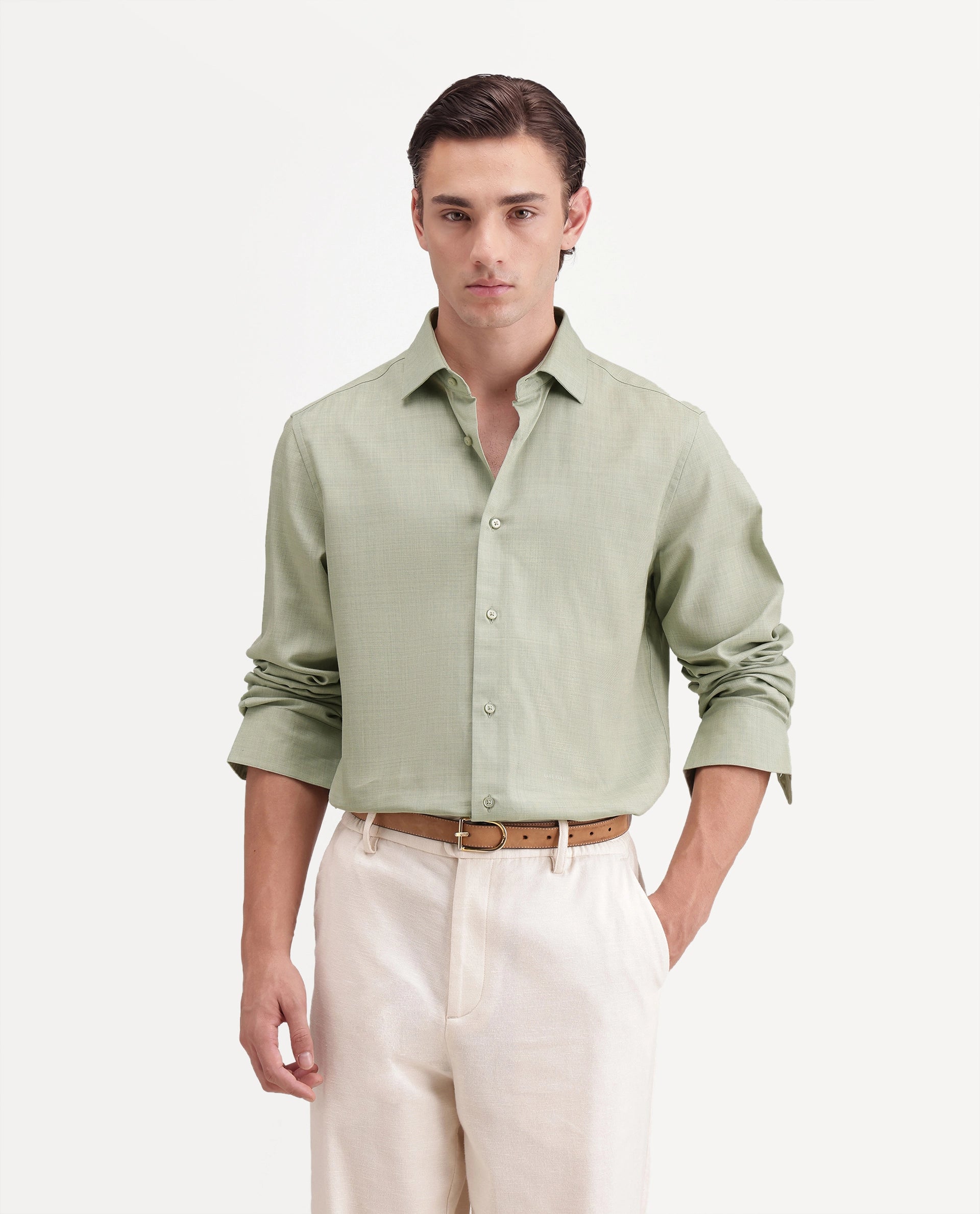 Rare Rabbit Men's Gama Dusky Green Cotton Blend Button Regular Fit Plain Shirt