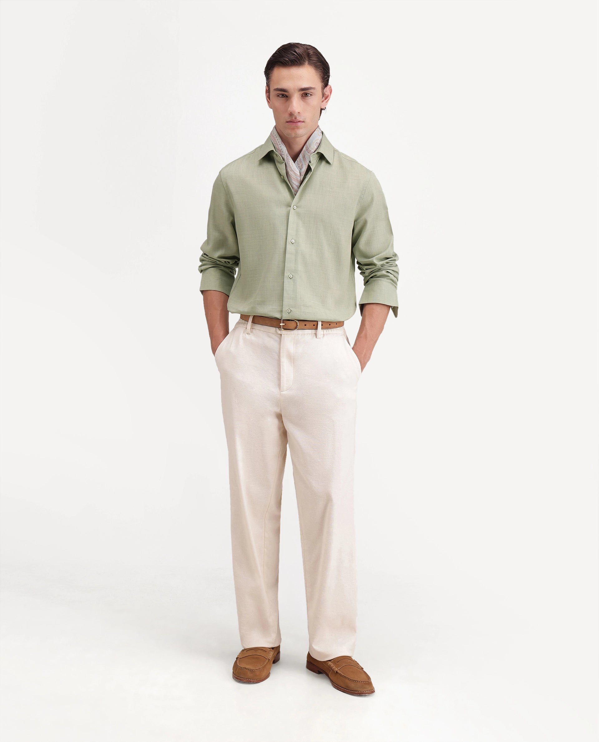 Rare Rabbit Men's Gama Dusky Green Cotton Blend Button Regular Fit Plain Shirt