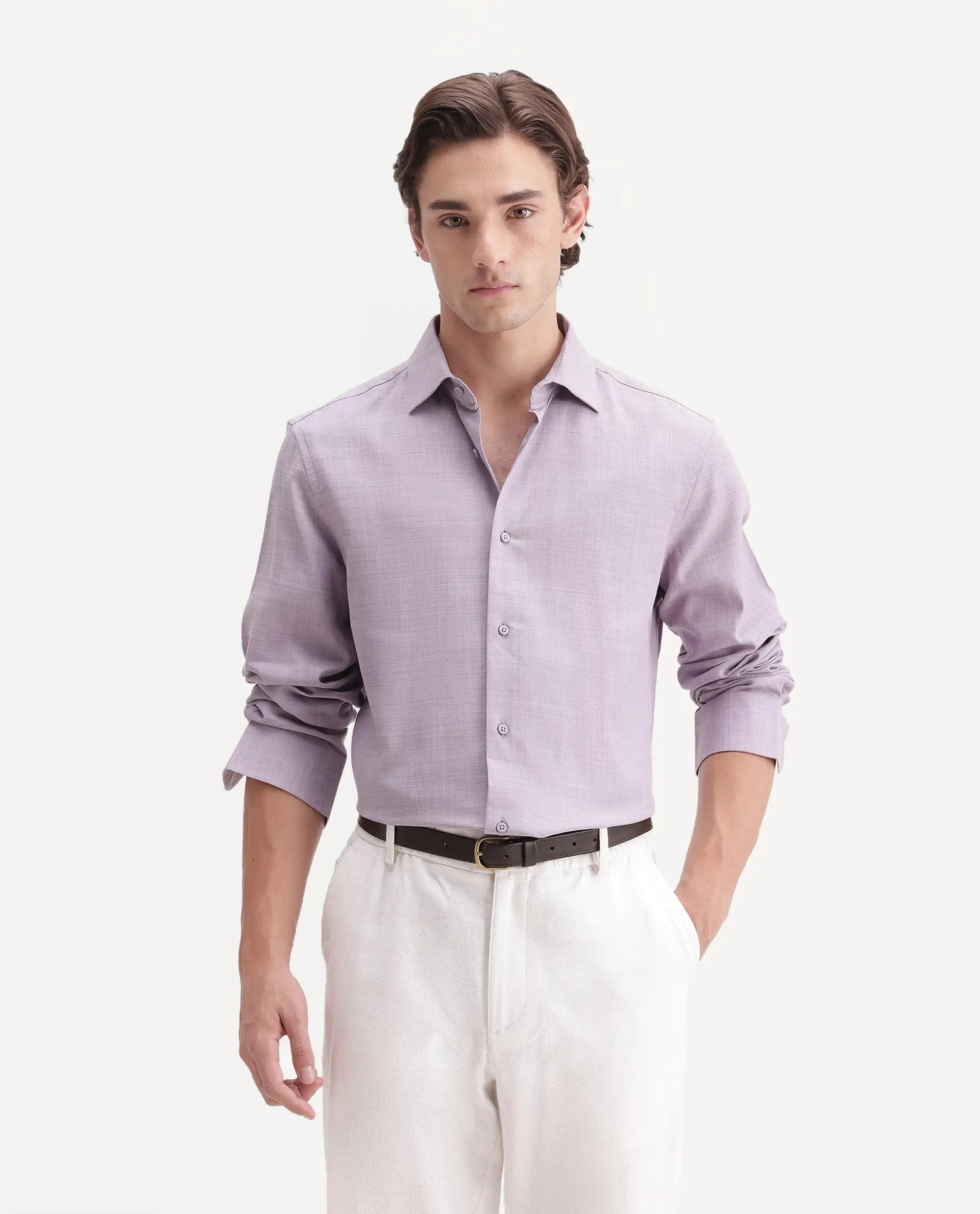 Rare Rabbit Men's Gama Pastel Purple Cotton Blend Button Regular Fit Plain Shirt