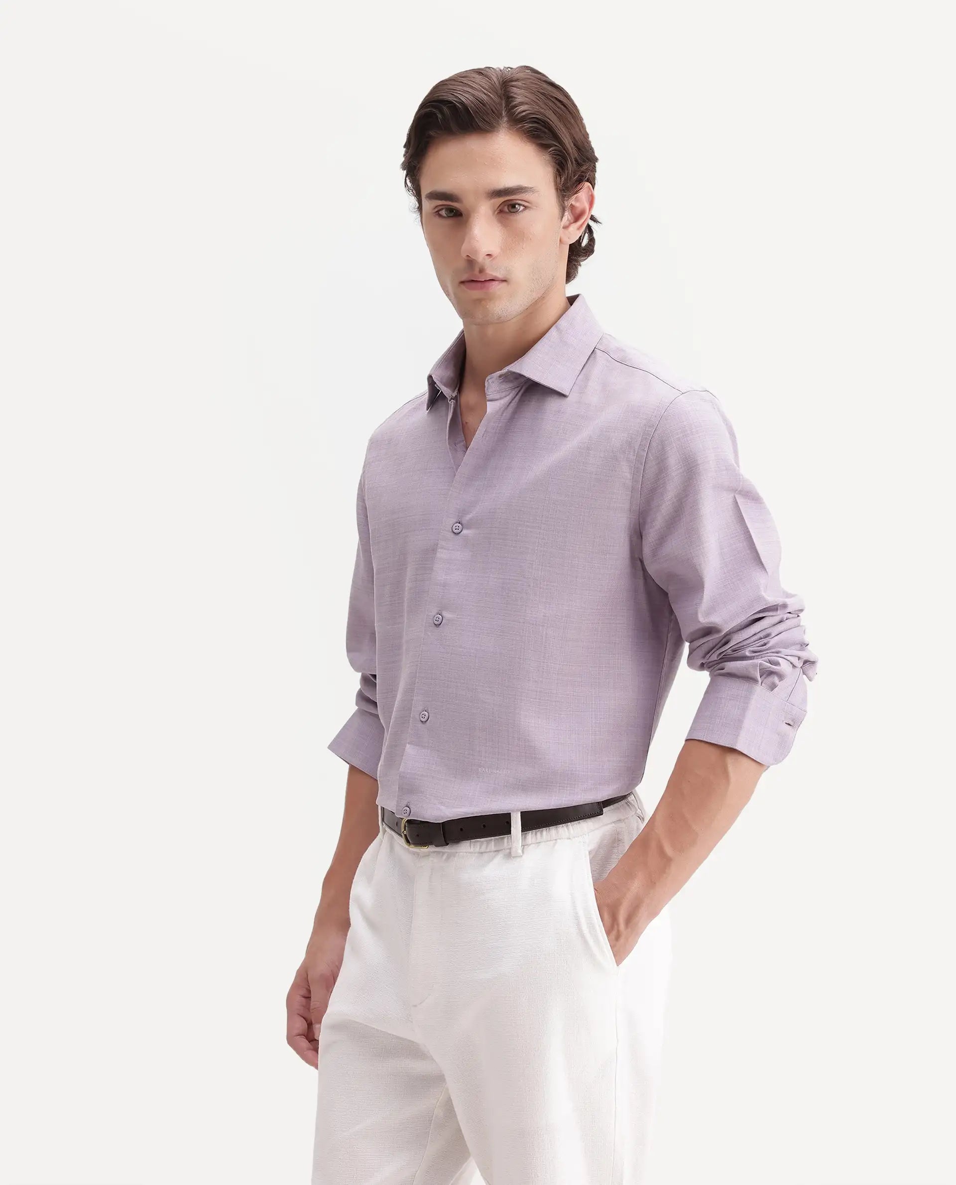Rare Rabbit Men's Gama Pastel Purple Cotton Blend Button Regular Fit Plain Shirt