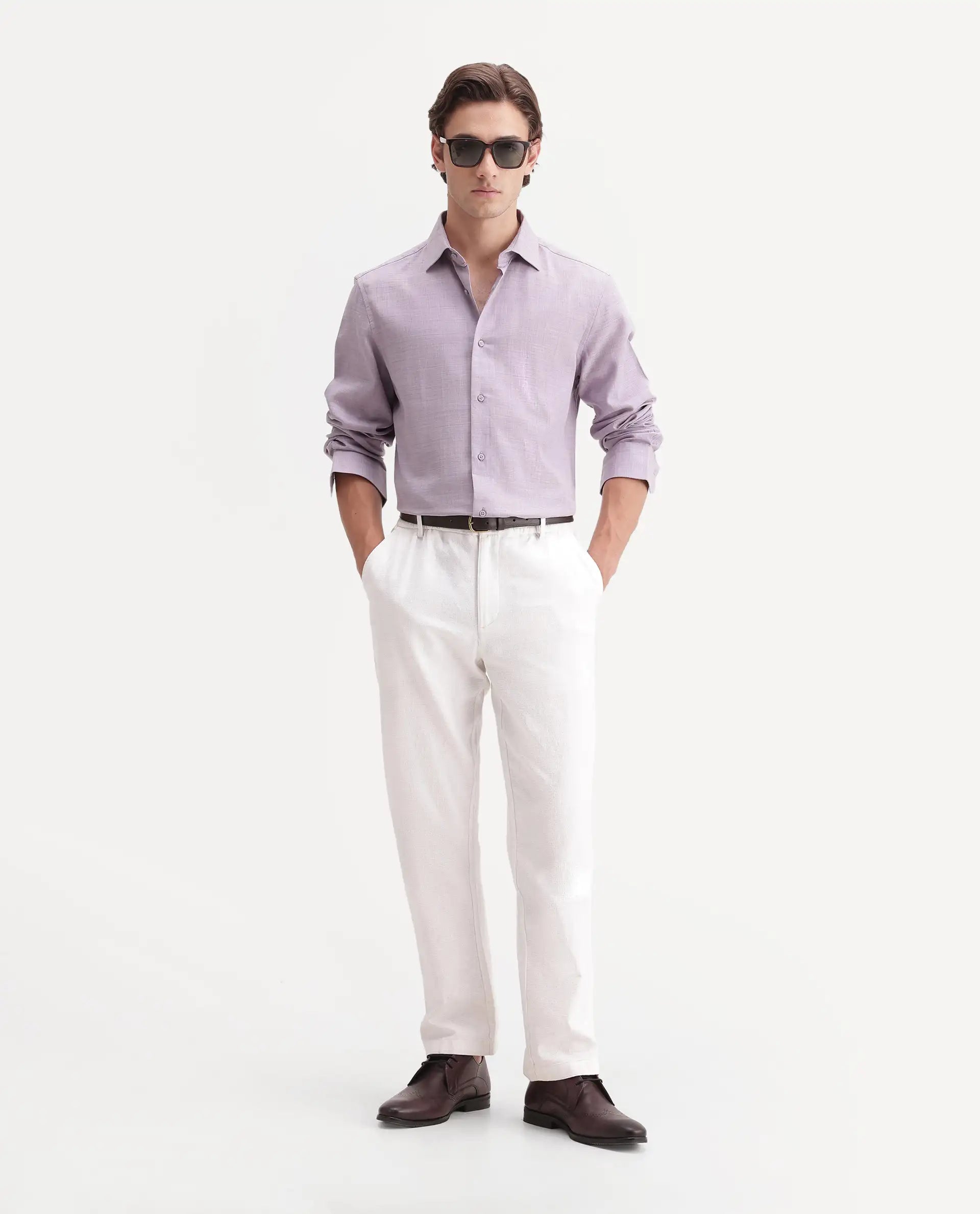 Rare Rabbit Men's Gama Pastel Purple Cotton Blend Button Regular Fit Plain Shirt