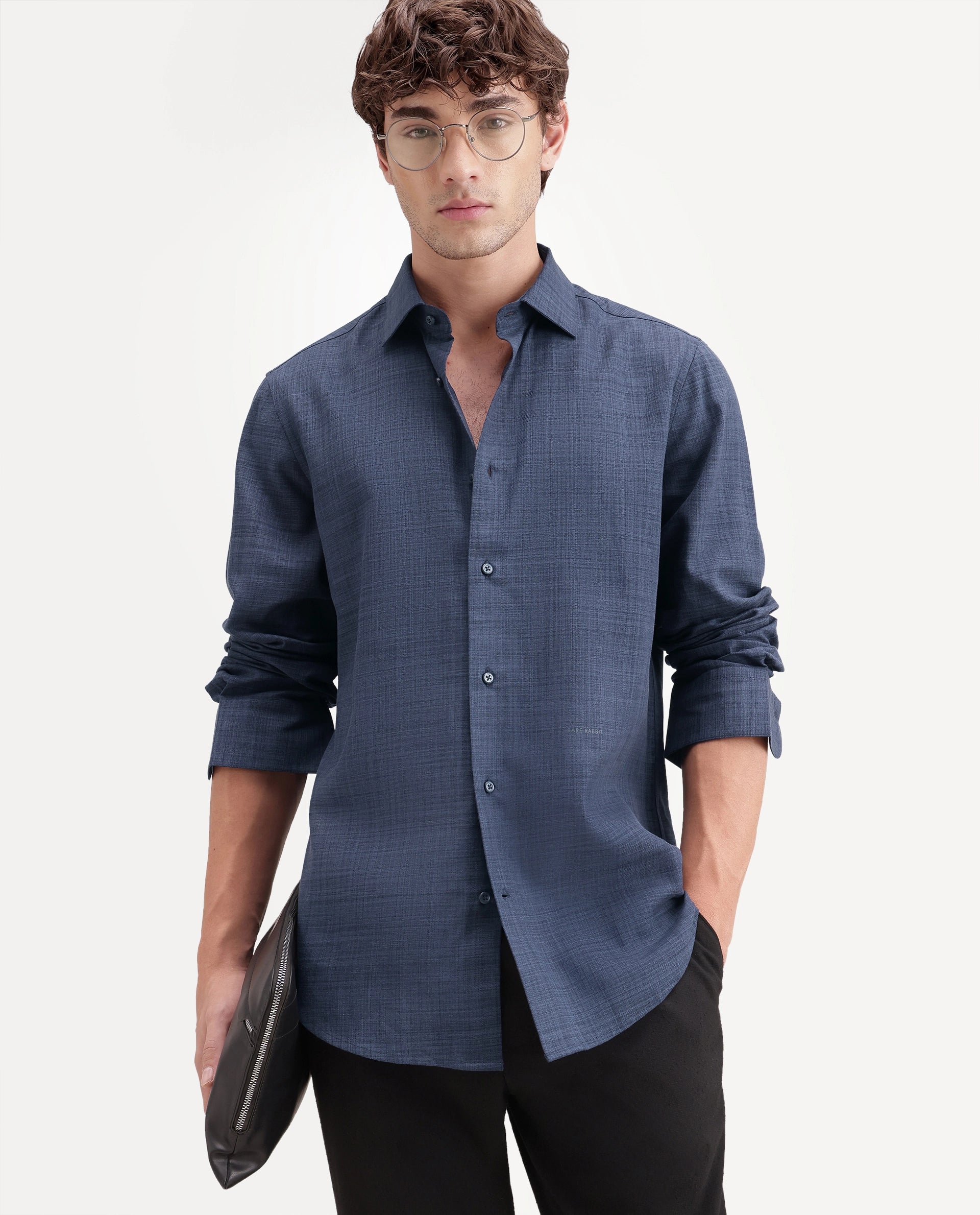 Rare Rabbit Men's Gama Navy Cotton Blend Button Regular Fit Plain Shirt