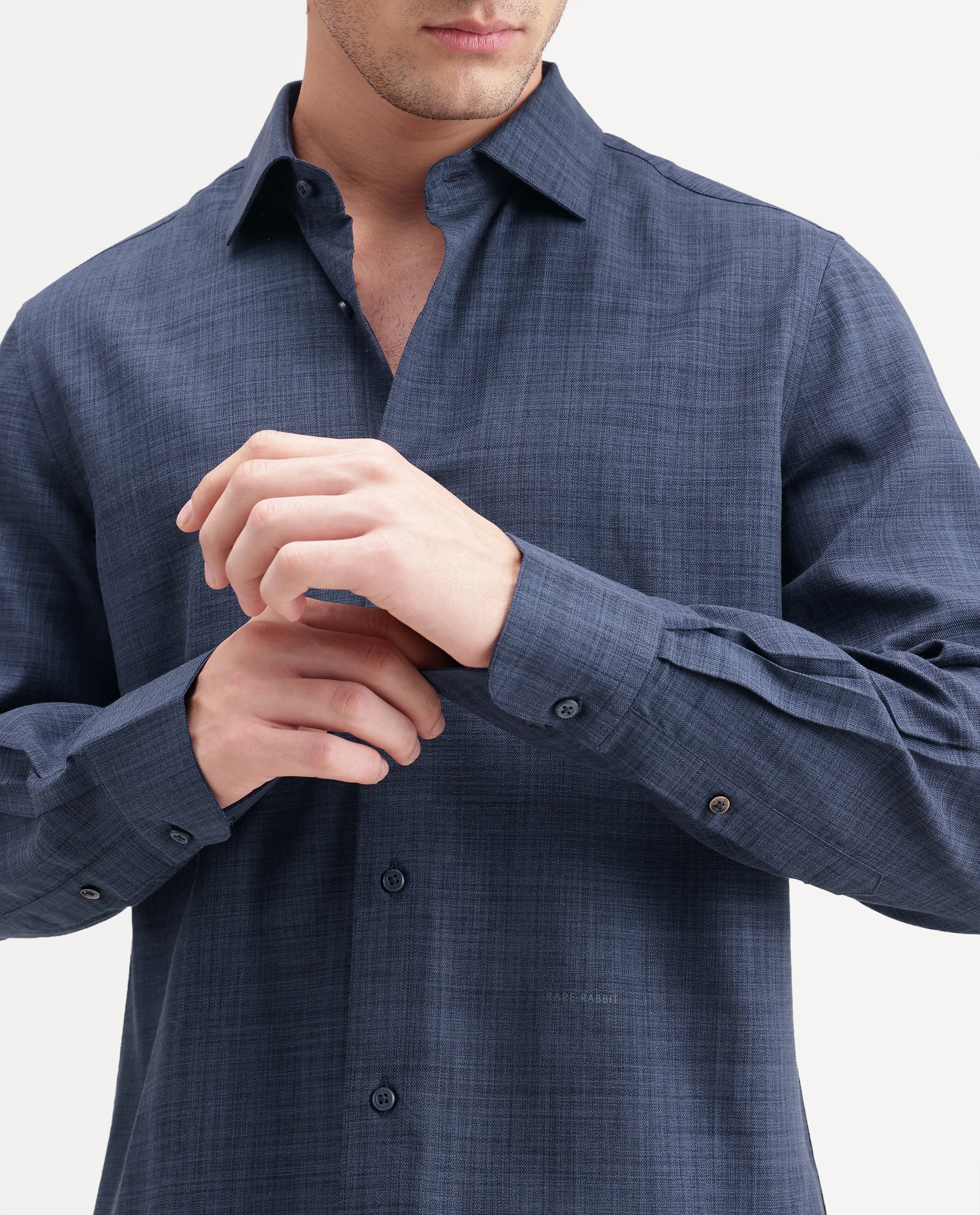 Rare Rabbit Men's Gama Navy Cotton Blend Button Regular Fit Plain Shirt