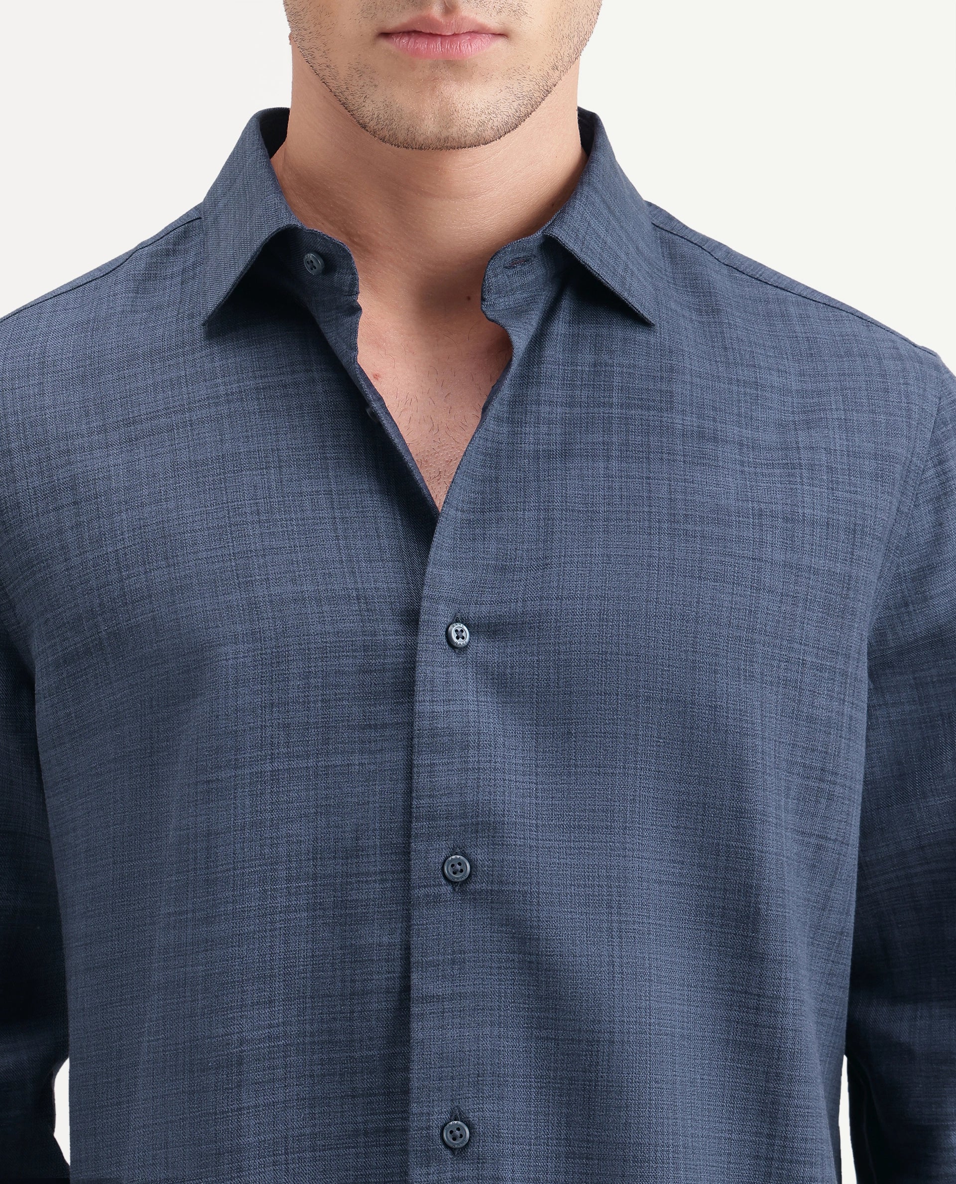 Rare Rabbit Men's Gama Navy Cotton Blend Button Regular Fit Plain Shirt