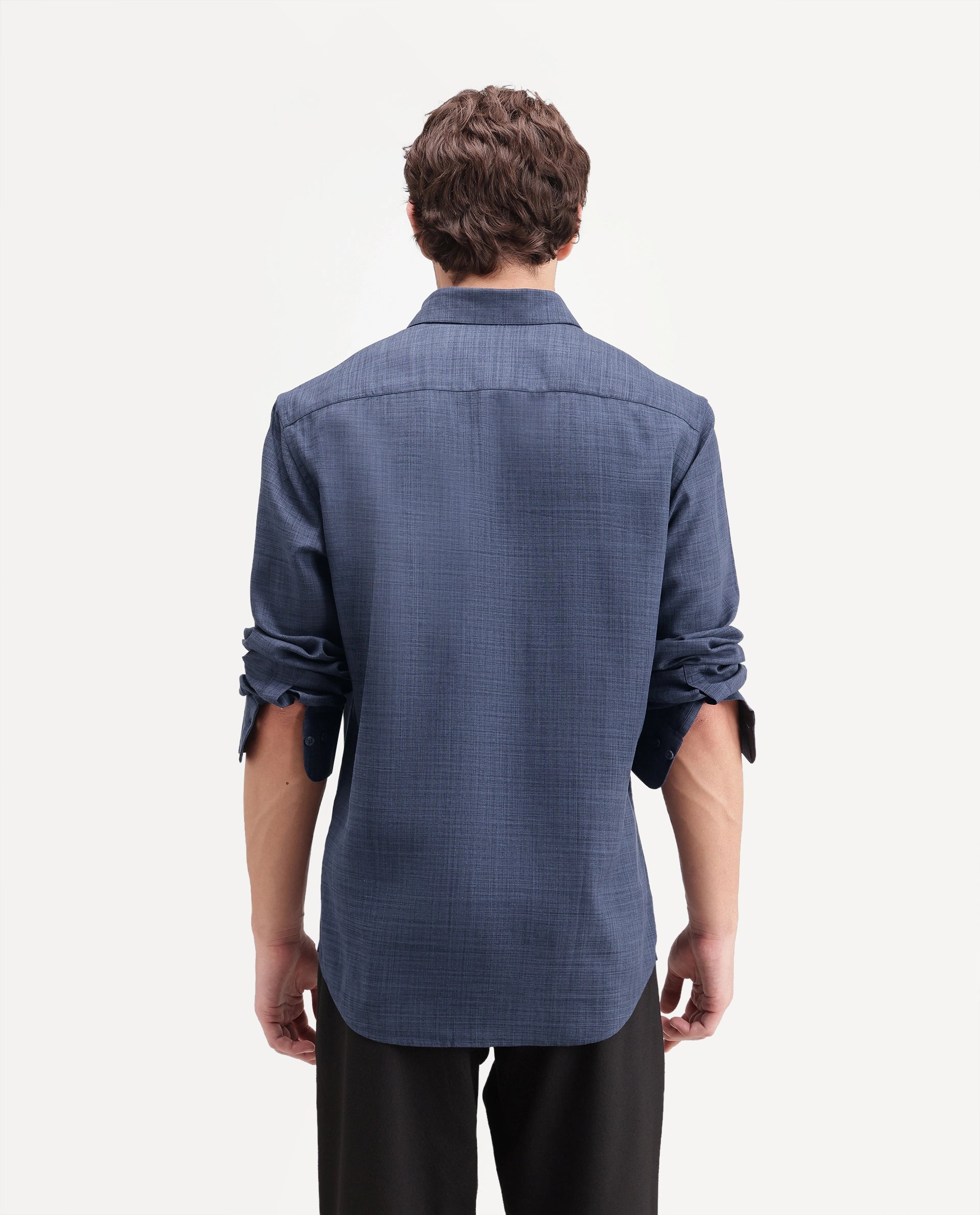 Rare Rabbit Men's Gama Navy Cotton Blend Button Regular Fit Plain Shirt