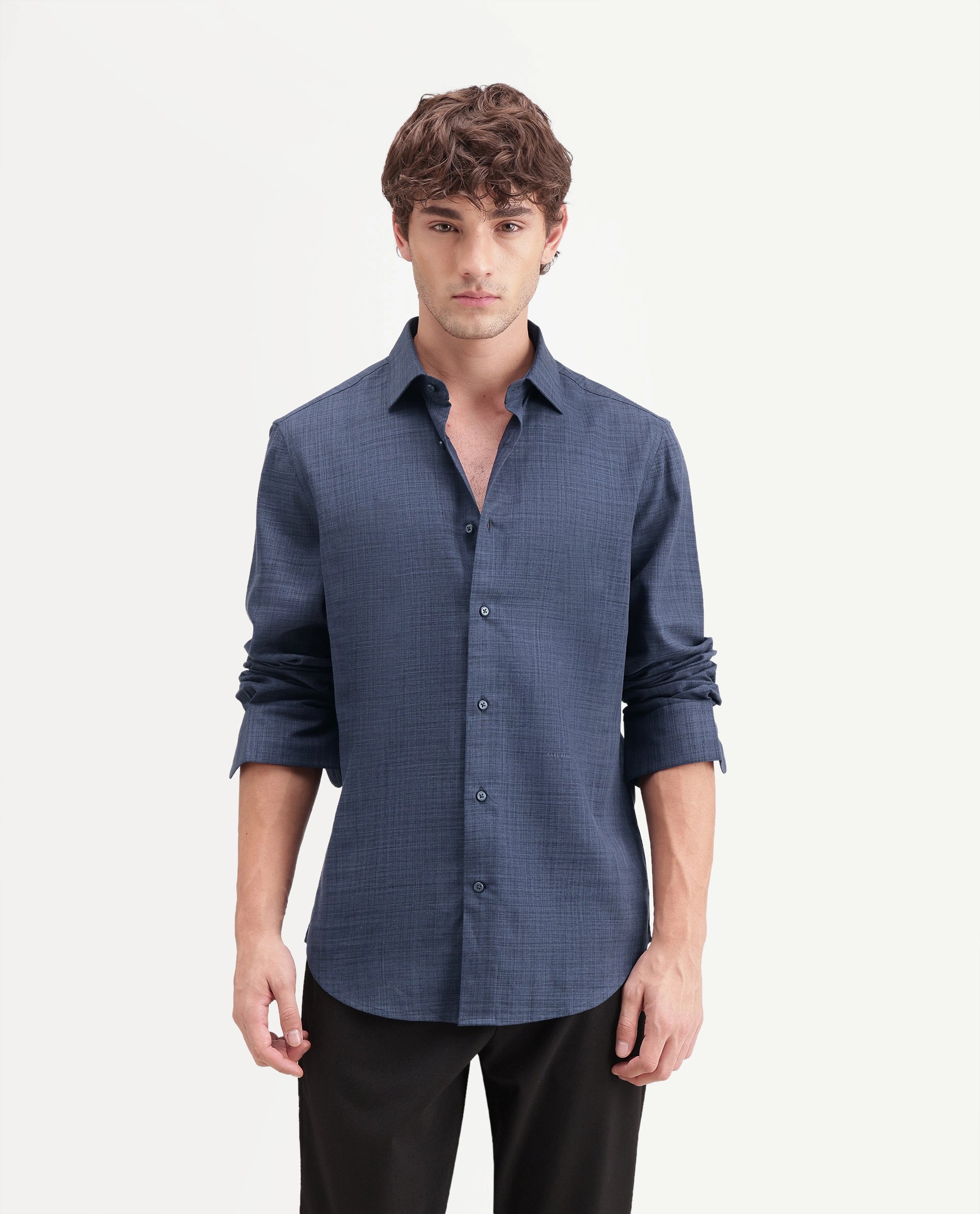 Rare Rabbit Men's Gama Navy Cotton Blend Button Regular Fit Plain Shirt