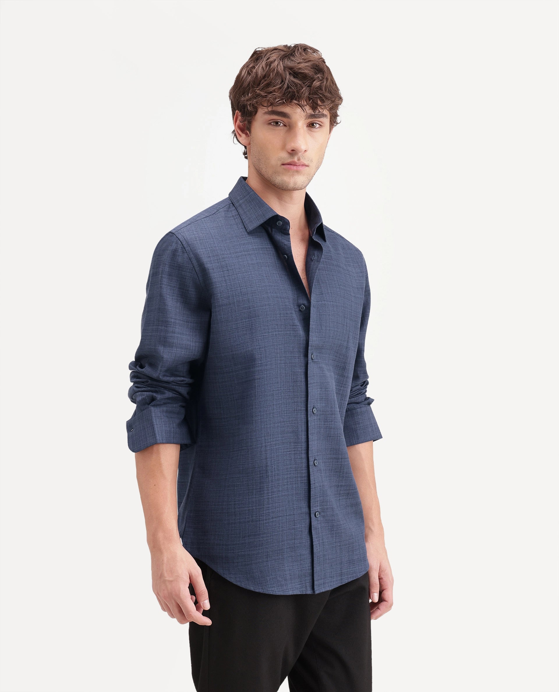Rare Rabbit Men's Gama Navy Cotton Blend Button Regular Fit Plain Shirt