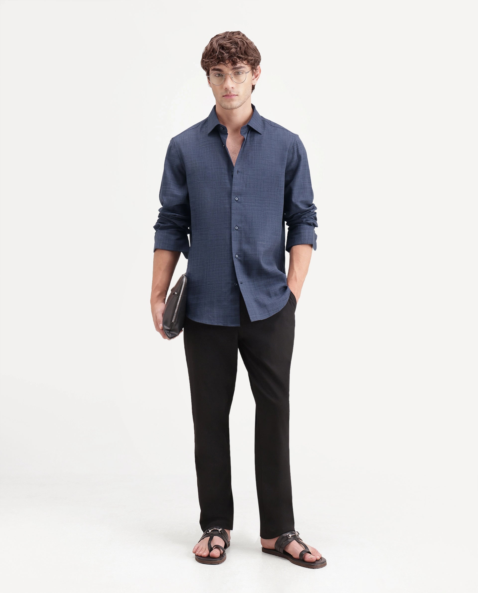Rare Rabbit Men's Gama Navy Cotton Blend Button Regular Fit Plain Shirt