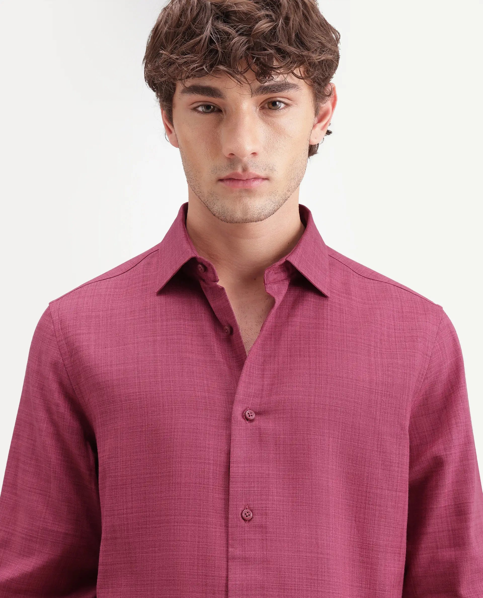 Rare Rabbit Men's Gama Dark Pink Cotton Blend Button Regular Fit Plain Shirt
