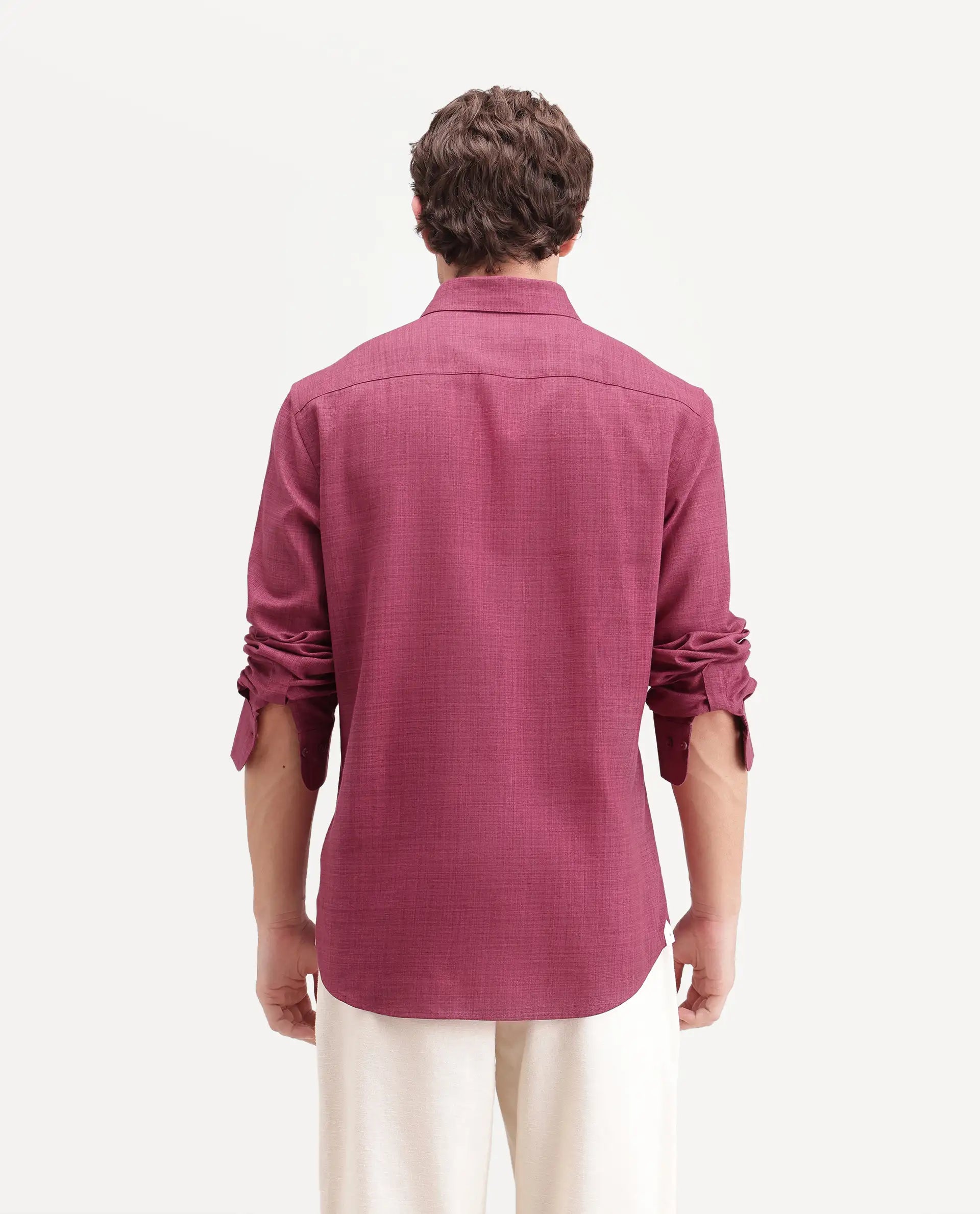 Rare Rabbit Men's Gama Dark Pink Cotton Blend Button Regular Fit Plain Shirt