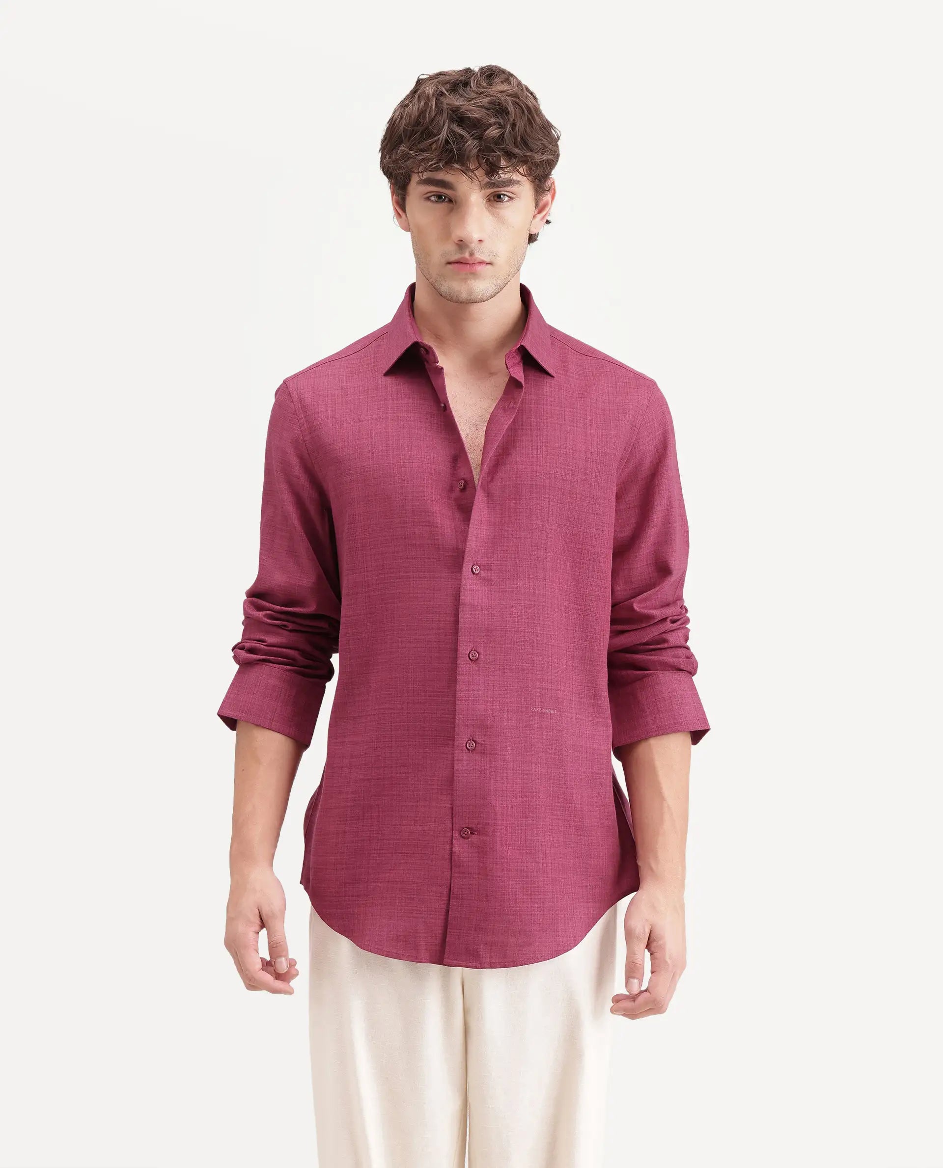 Rare Rabbit Men's Gama Dark Pink Cotton Blend Button Regular Fit Plain Shirt