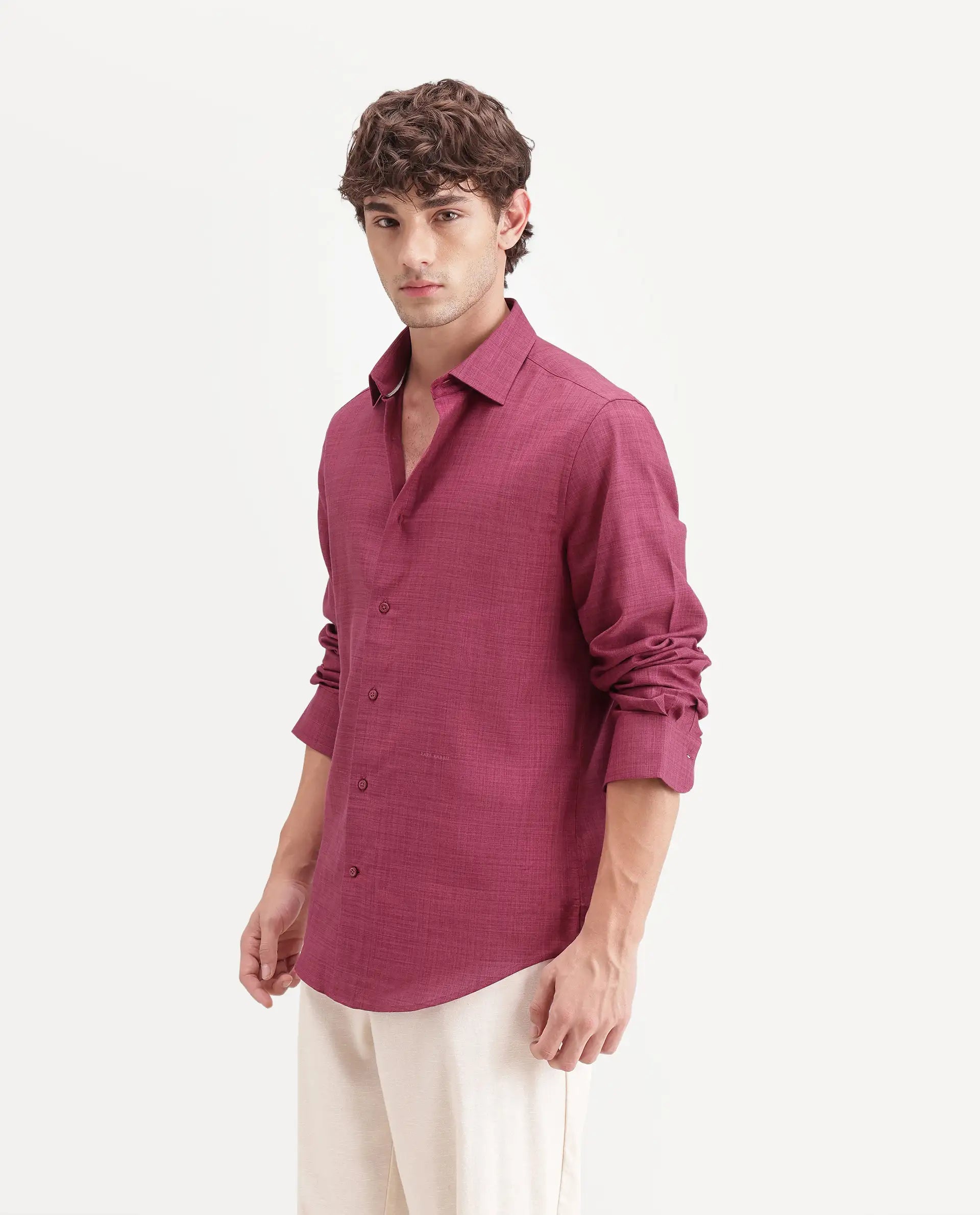 Rare Rabbit Men's Gama Dark Pink Cotton Blend Button Regular Fit Plain Shirt