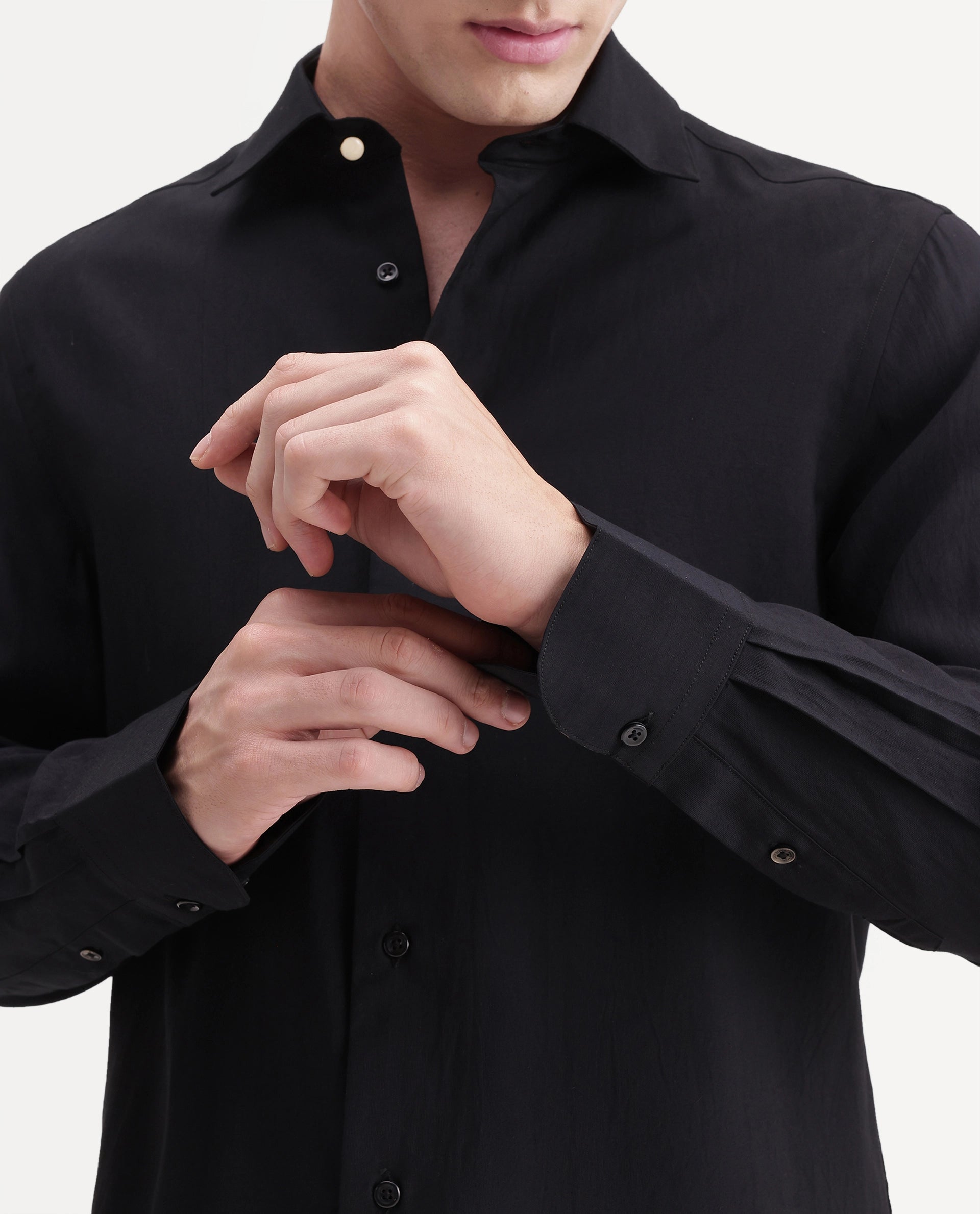 Rare Rabbit Men's Calb Black Viscose Blend Button Regular Fit Plain Shirt