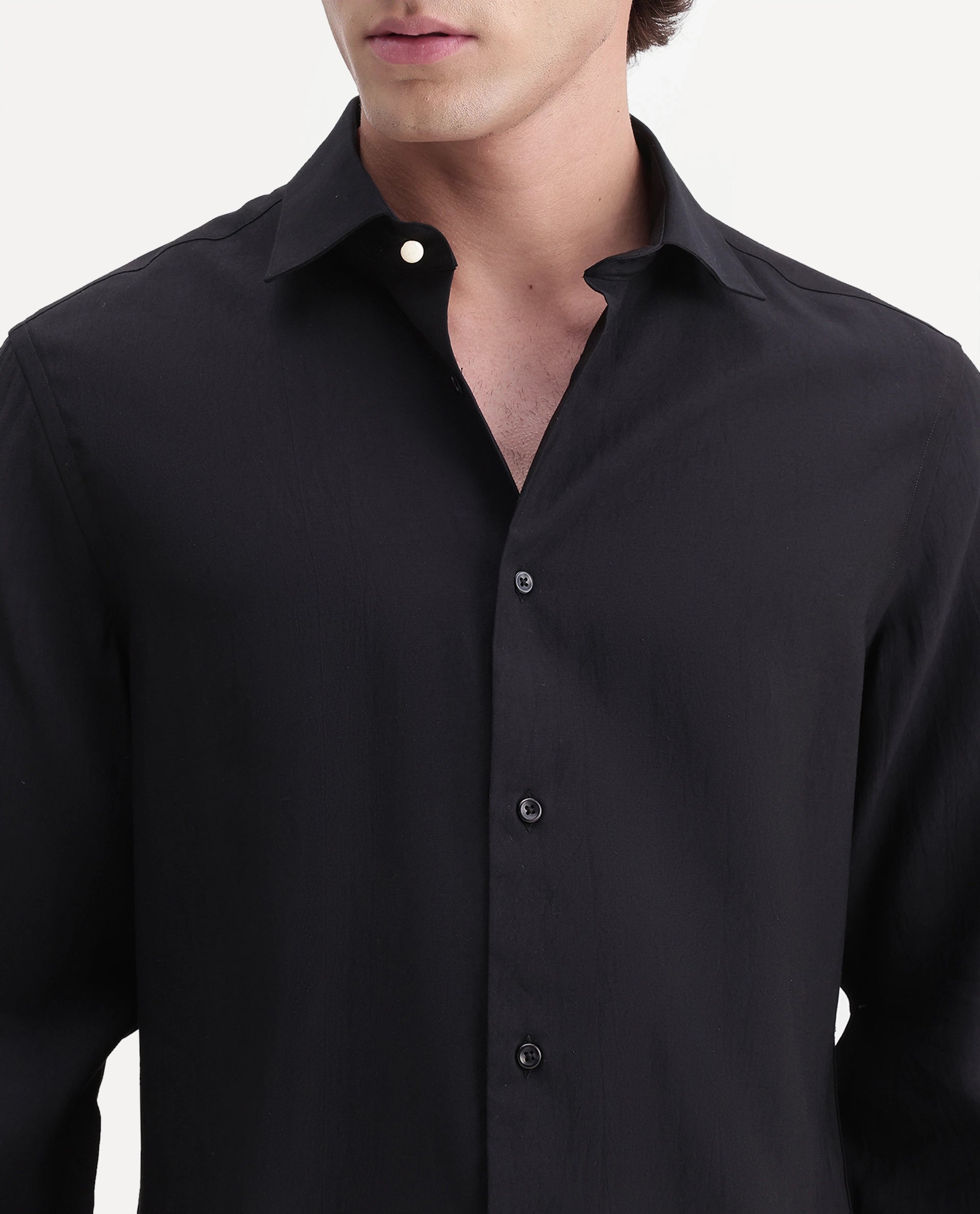 Rare Rabbit Men's Calb Black Viscose Blend Button Regular Fit Plain Shirt