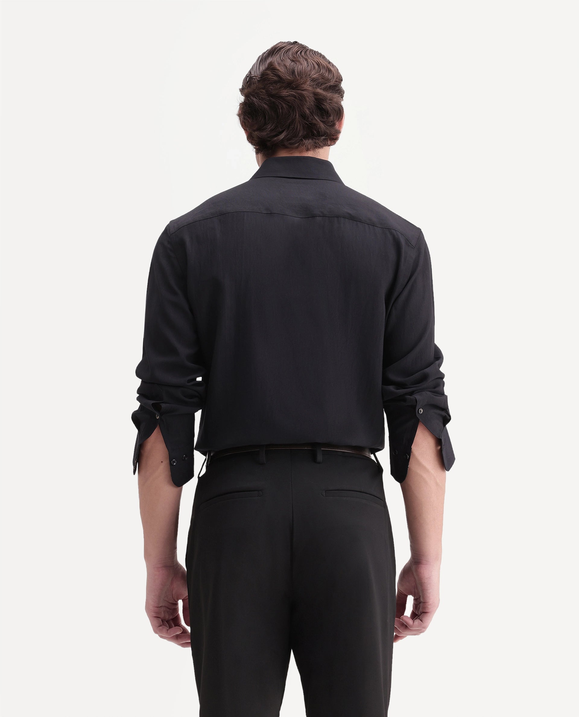 Rare Rabbit Men's Calb Black Viscose Blend Button Regular Fit Plain Shirt