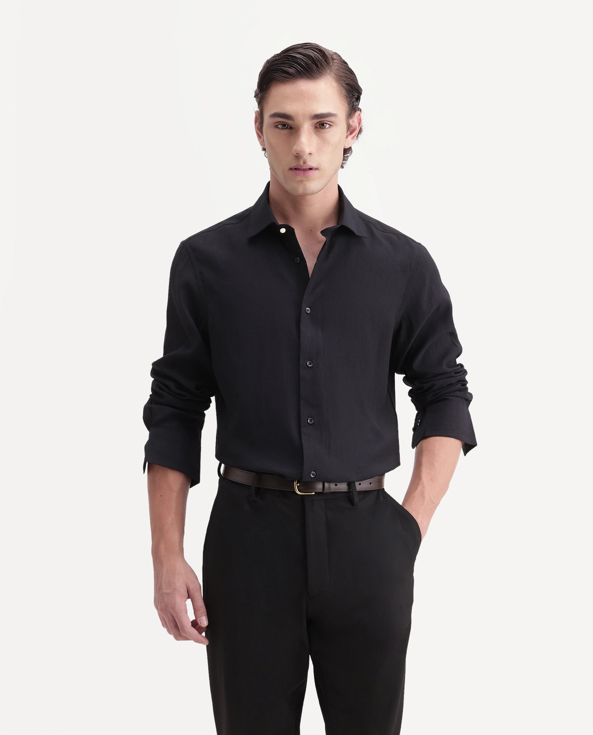 Rare Rabbit Men's Calb Black Viscose Blend Button Regular Fit Plain Shirt