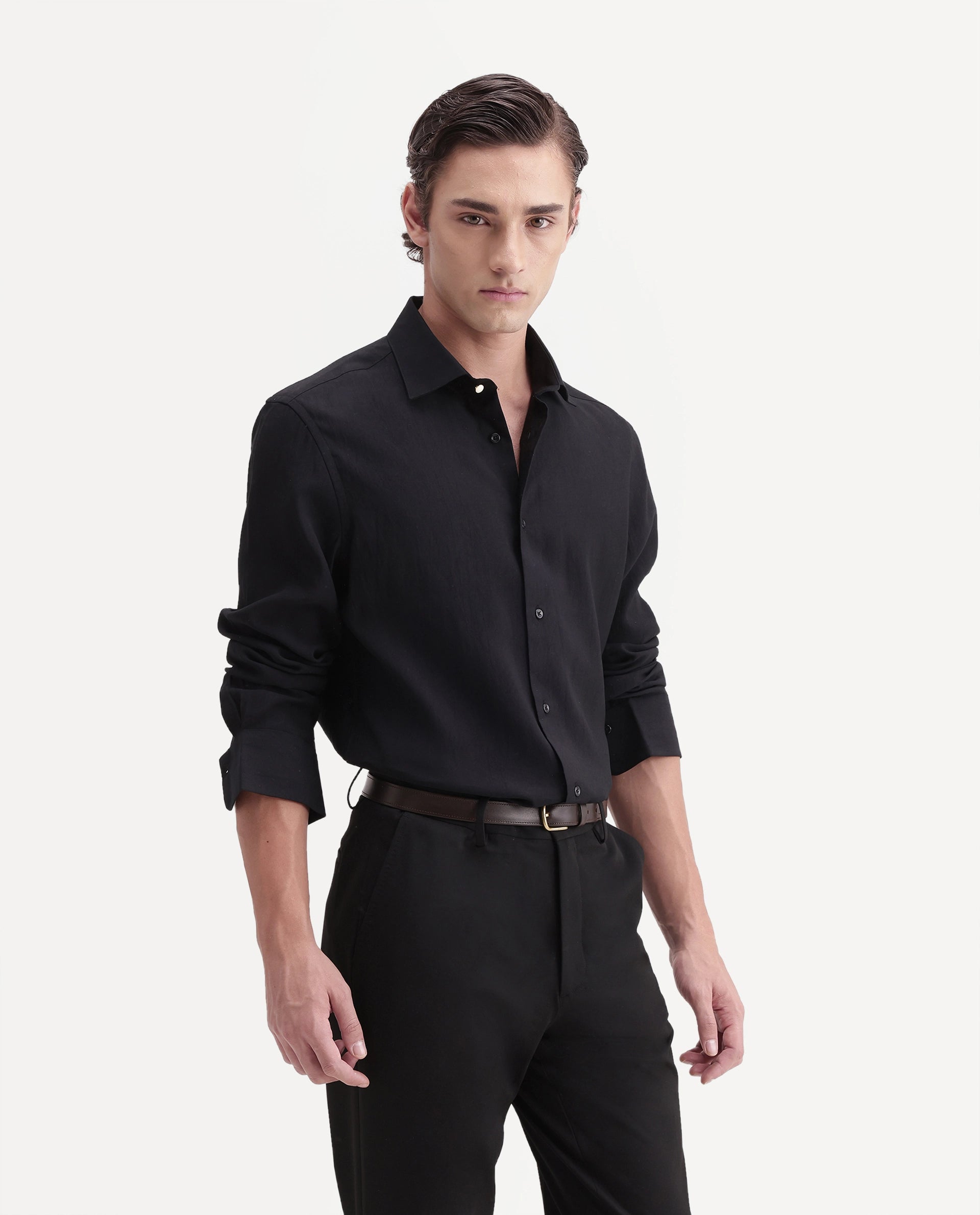 Rare Rabbit Men's Calb Black Viscose Blend Button Regular Fit Plain Shirt
