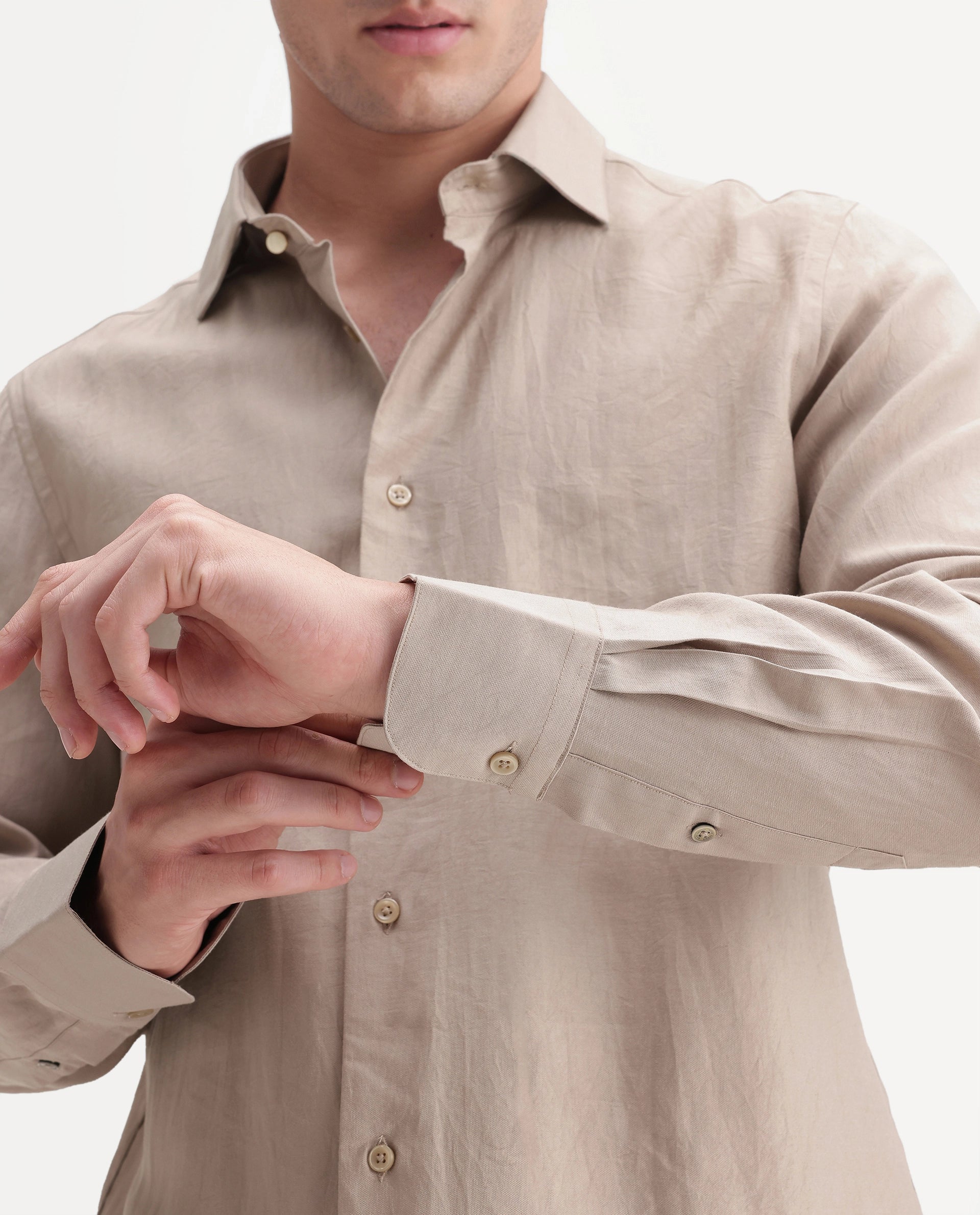 Rare Rabbit Men's Calb Beige Viscose Blend Button Regular Fit Plain Shirt
