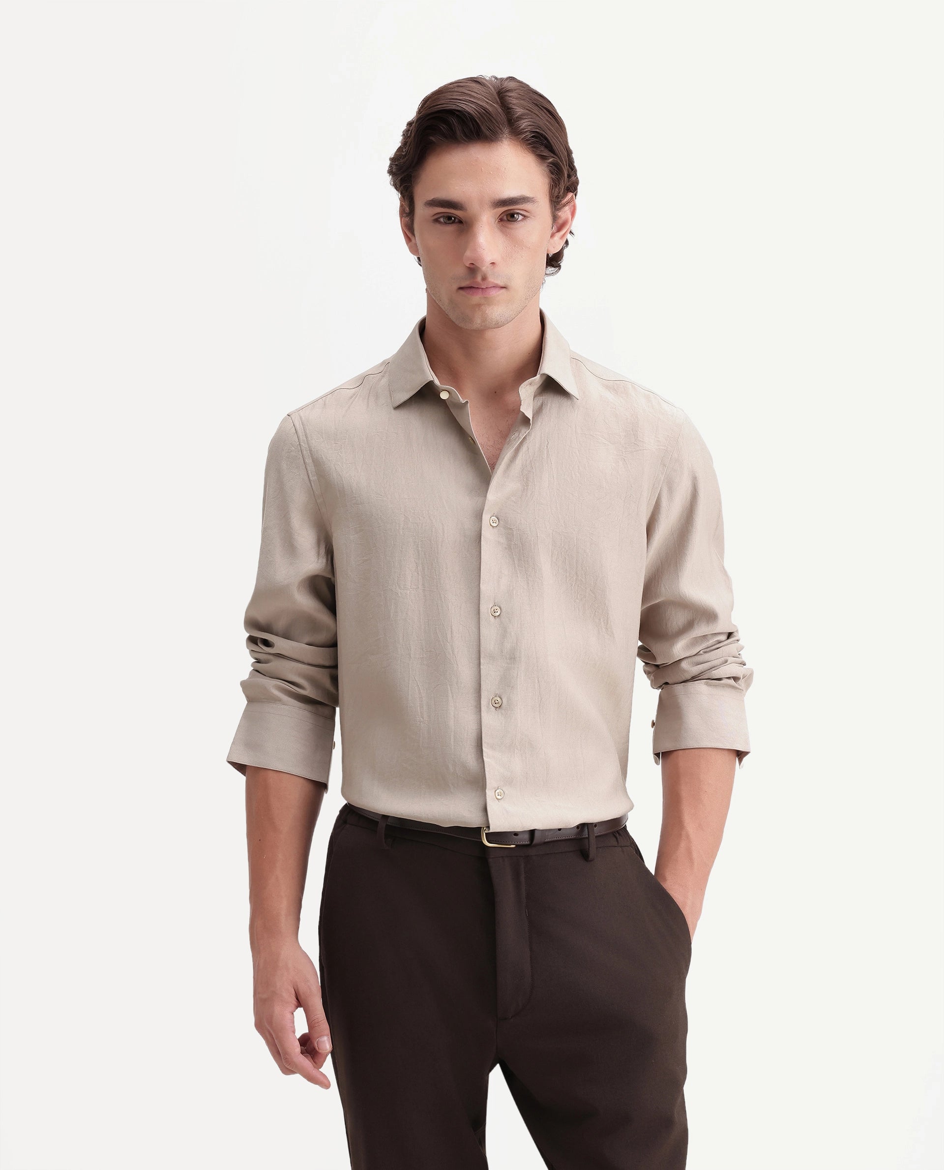 Rare Rabbit Men's Calb Beige Viscose Blend Button Regular Fit Plain Shirt